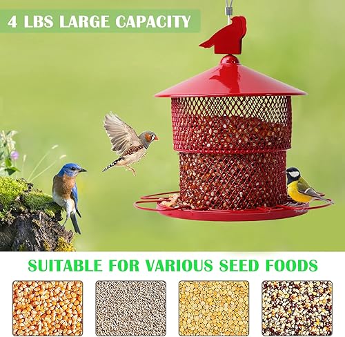 Miniatura 2 de Comedero de metal para pájaros para exteriores, a prueba de ardillas, 4 libras de gran capacidad de semillas, malla, 6 perchas, gran prueba de
