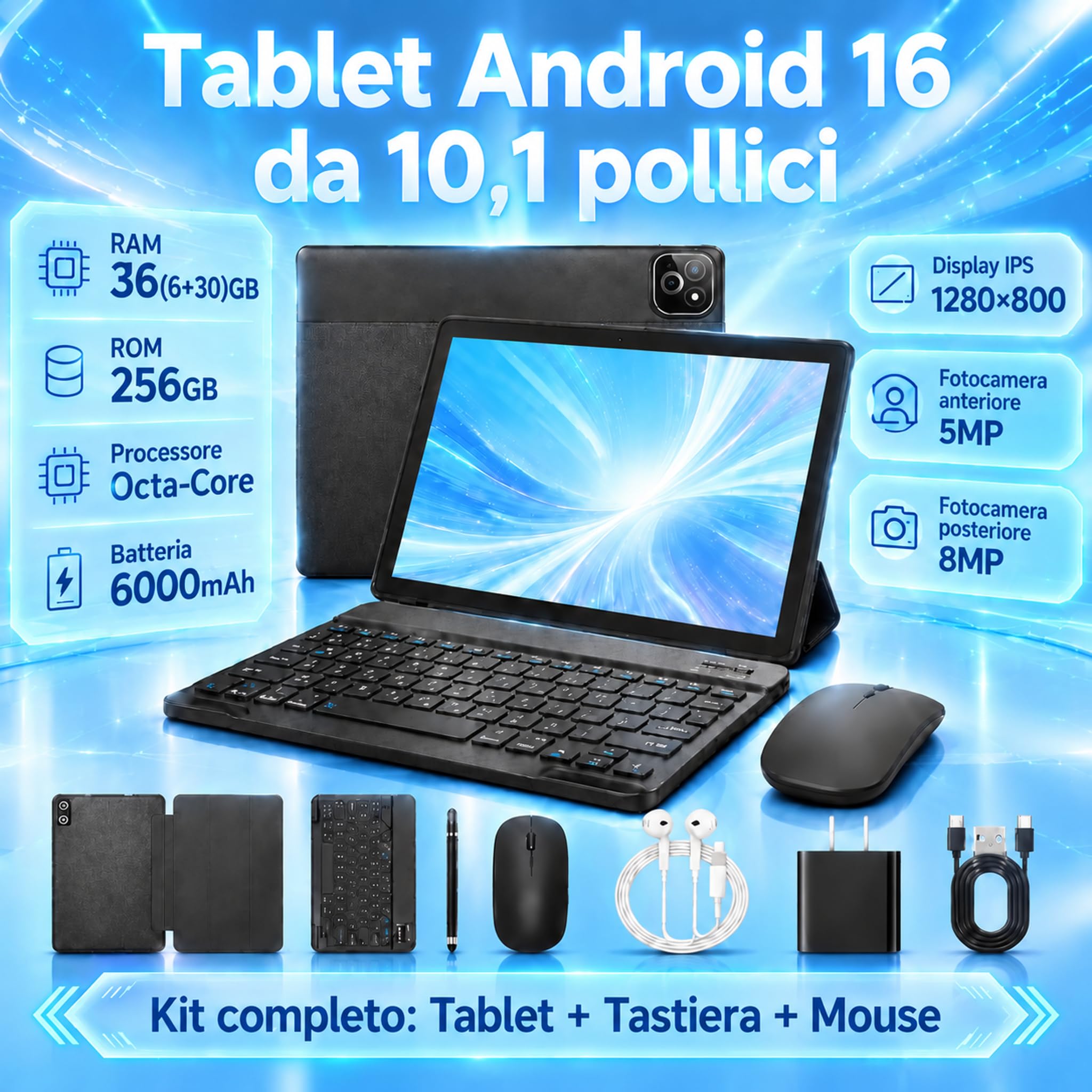 Tablet Android 10.1 Pollici, Android 16 Octa-Core, 36GB RAM+256GB ROM (1TB Espandibile), Schermo IPS 1280*800, Batteria 6000mAh, Fotocamere Doppie, Kit Completo Tablet Android per Studio e Lavoro