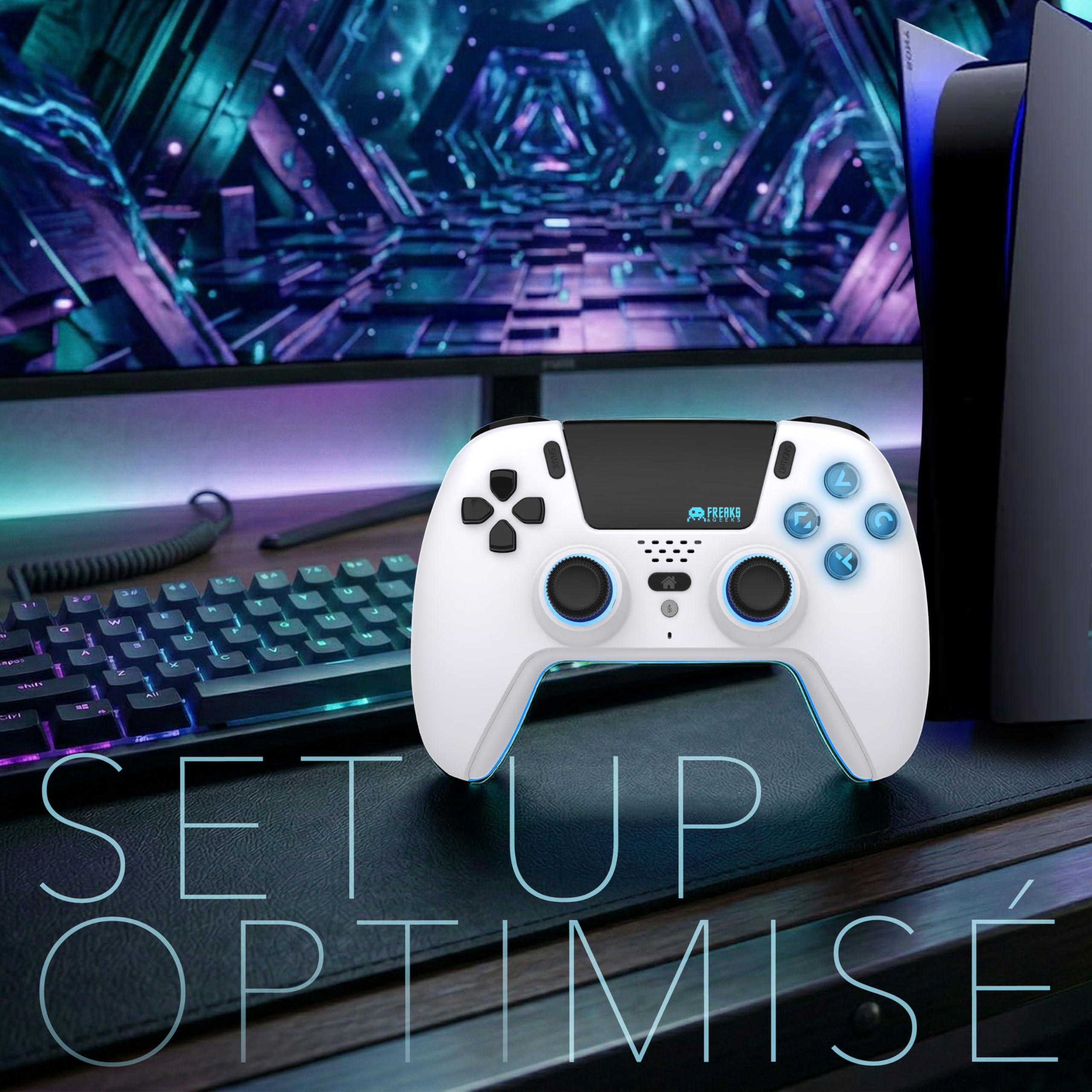 Freaks and Geeks-Manette Bluetooth pour PS5 LED - Blanche