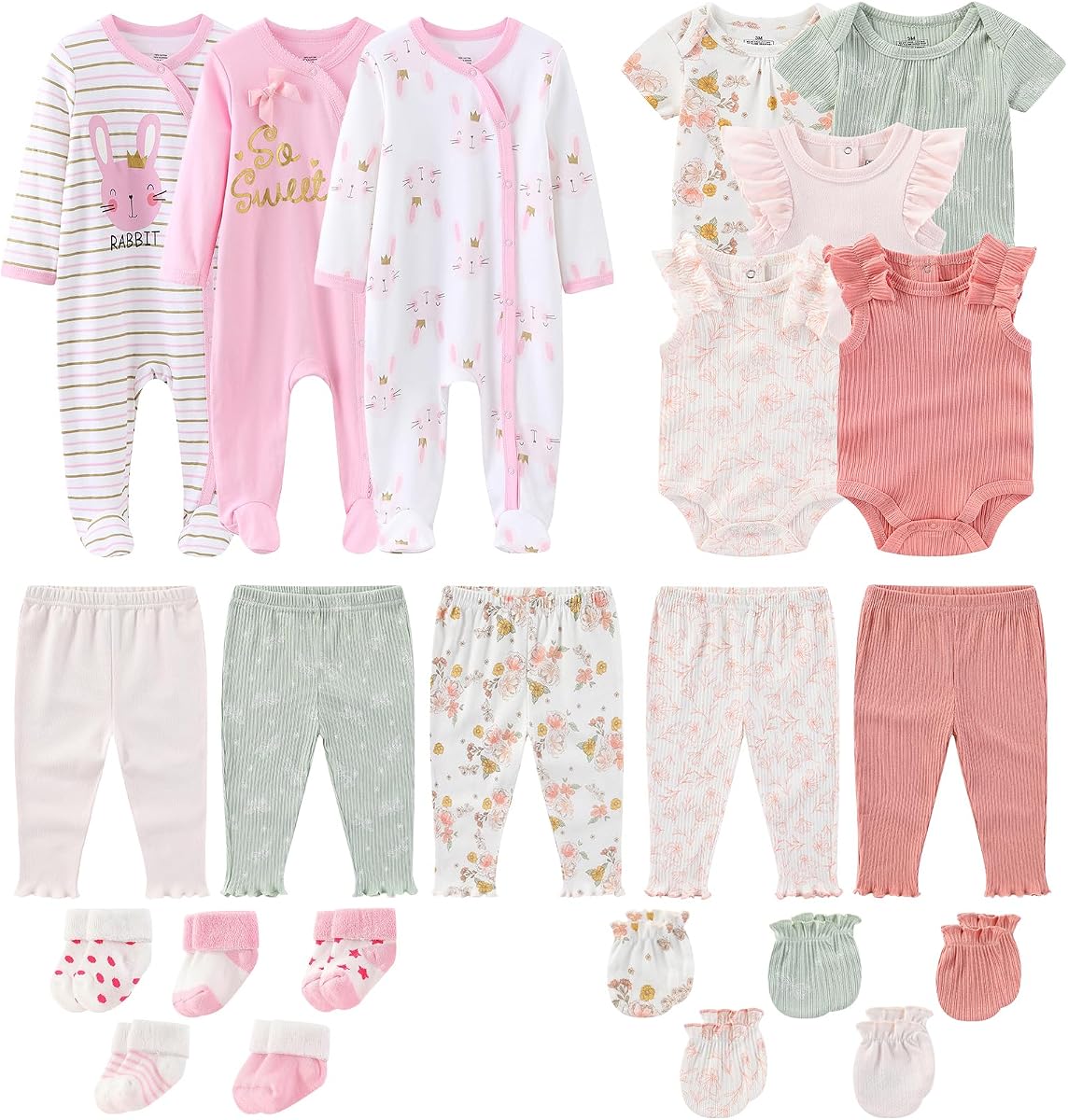 Newborn Baby Girl Boy Clothes Cotton Ribbed Mix Layette Gift Set | Unisex bodysuit pant outfits 23 Pcs, new born clothing and accessories 0-12 month