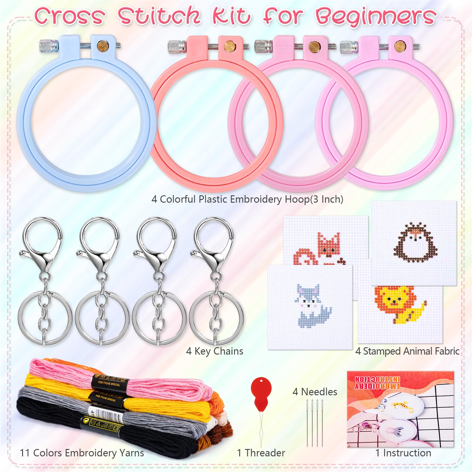 Kit De Bordado Para Principiantes - 4 Diseños Flores - Con Aros, Hilos, Agujas Y Tela