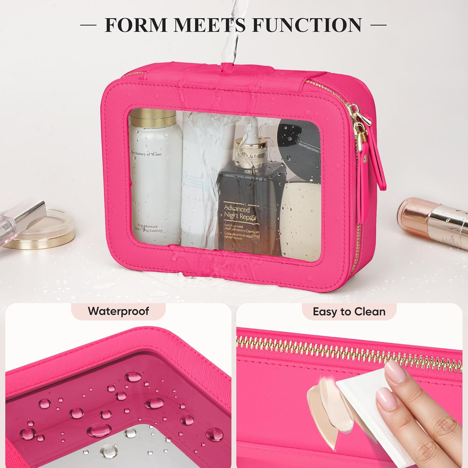 Clear Makeup Bag, Travel Toiletry Bag Cosmetic Case for Women, Waterproof Portable Make Up Skincare Pouch with Zipper, Compact Car Organizer Bag for Essentials, Medium Size, Hot Pink - Image 4