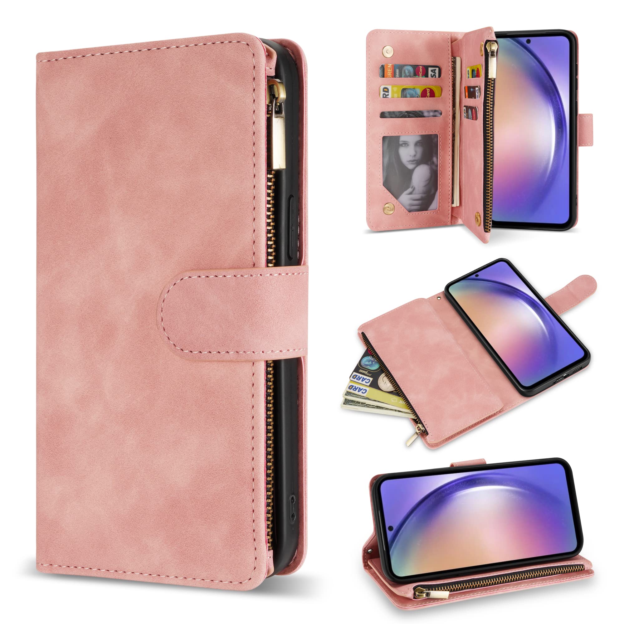 ZZXX for Samsung Galaxy A54 5G Wallet Case with RFID Blocking Card Slot PU Leather Zipper Flip Folio with Strap Kickstand Protective Cover for Samsung