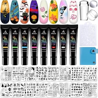 Biutee Nail Stamper Kit 16Pcs Nail Art Stamping Plate 8 Colors Stamp Polish Gel Silicone Stamper Scraper with Storage Bag, Nail Stamp Plates Love Flower Butterfly Leaf Template Halloween Design Gift