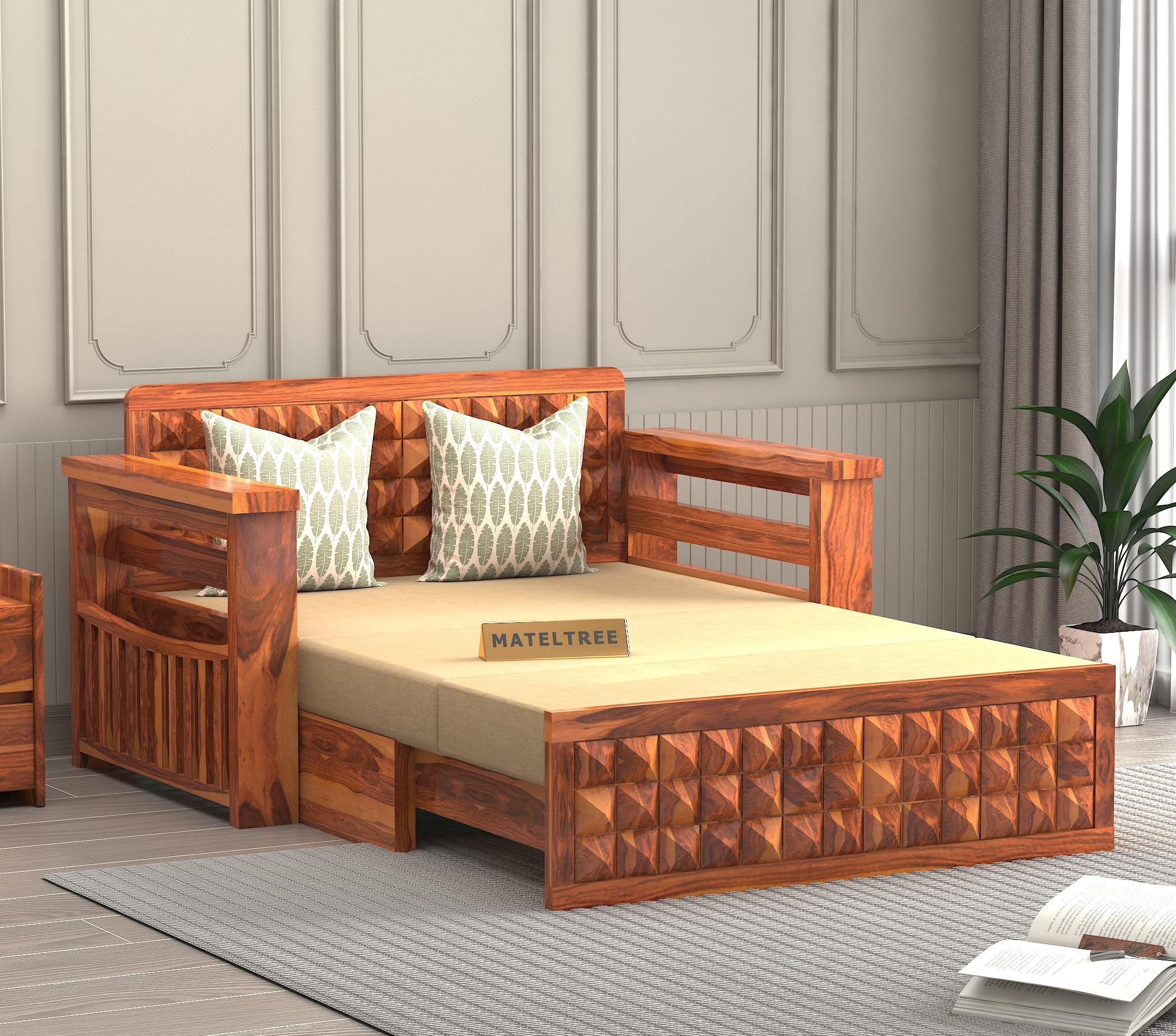 Sheesham Wooden 2 Seater Sofa Cum Bed with Storage - Modern Daybed with Upholstered Backrest | Living Room Convertible Sofa Bed - Wooden Sofa Cum Bed with Mattress (Byart Honey)-picture-26