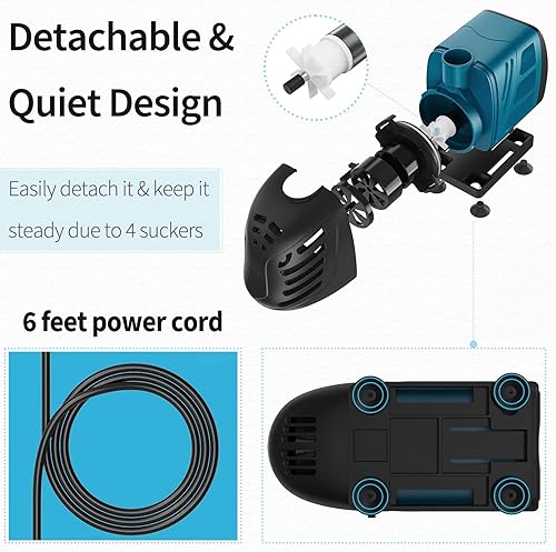Miniatura 6 de Uniclife Bomba de agua sumergible y en línea para acuario de 320 GPH de 22 W, 5 pies de altura, CA de 120 V, silenciosa, ajustable, bomba de retorno