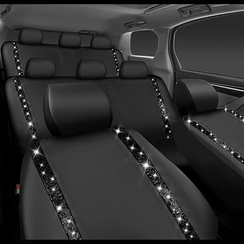 Miniatura 27 de CAR PASS Funda de asiento trasero de cuero y diamantes de imitación brillantes, impermeable, diseño de diamante brillante, ajuste universal, tiras