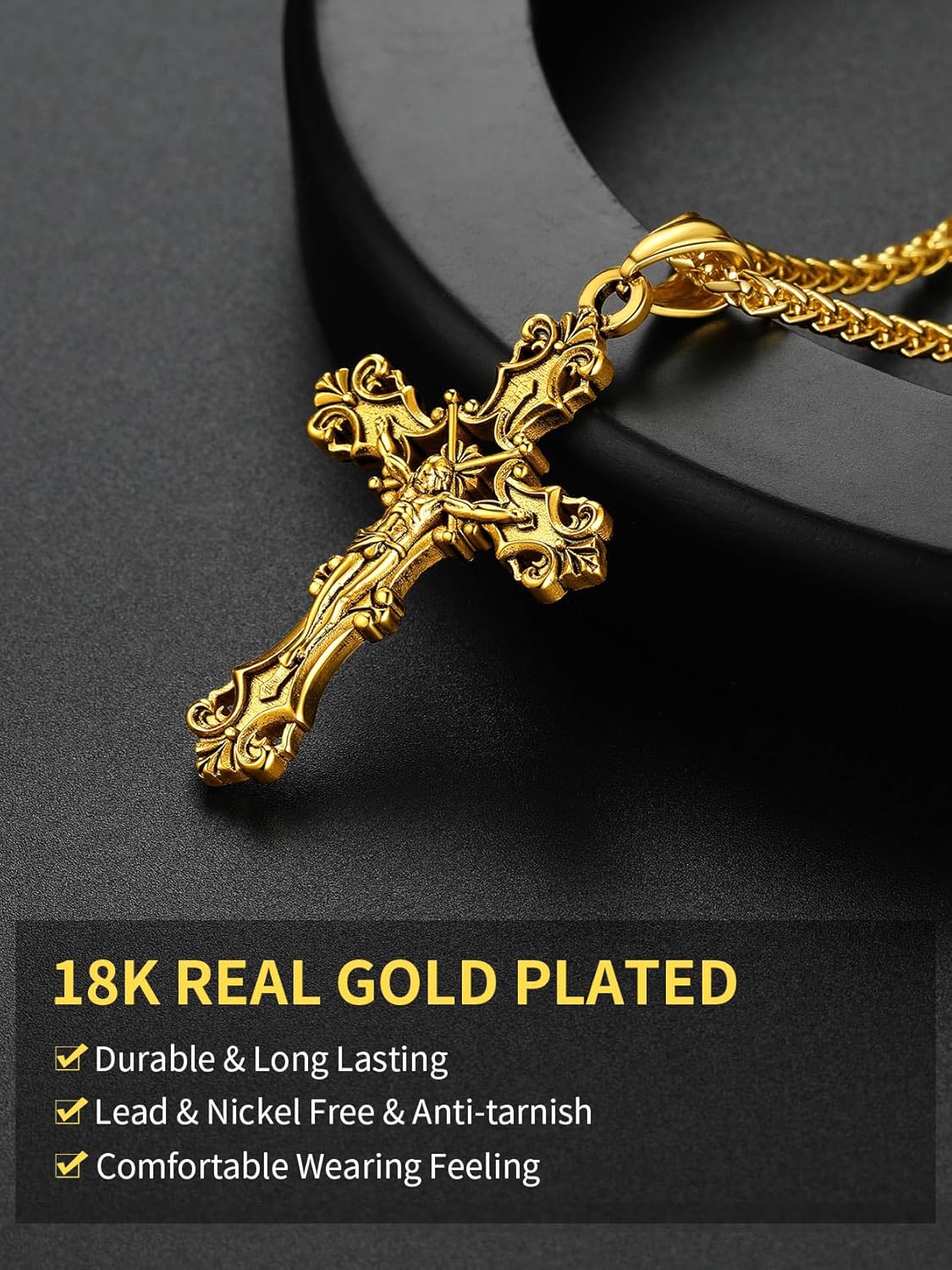 ChainsHouse Cross Necklace for Men, Black/18K Gold Plated/Stainless Steel Christian Jewelry Cross Pendant Necklace for Men, with Gift Box - Image 4