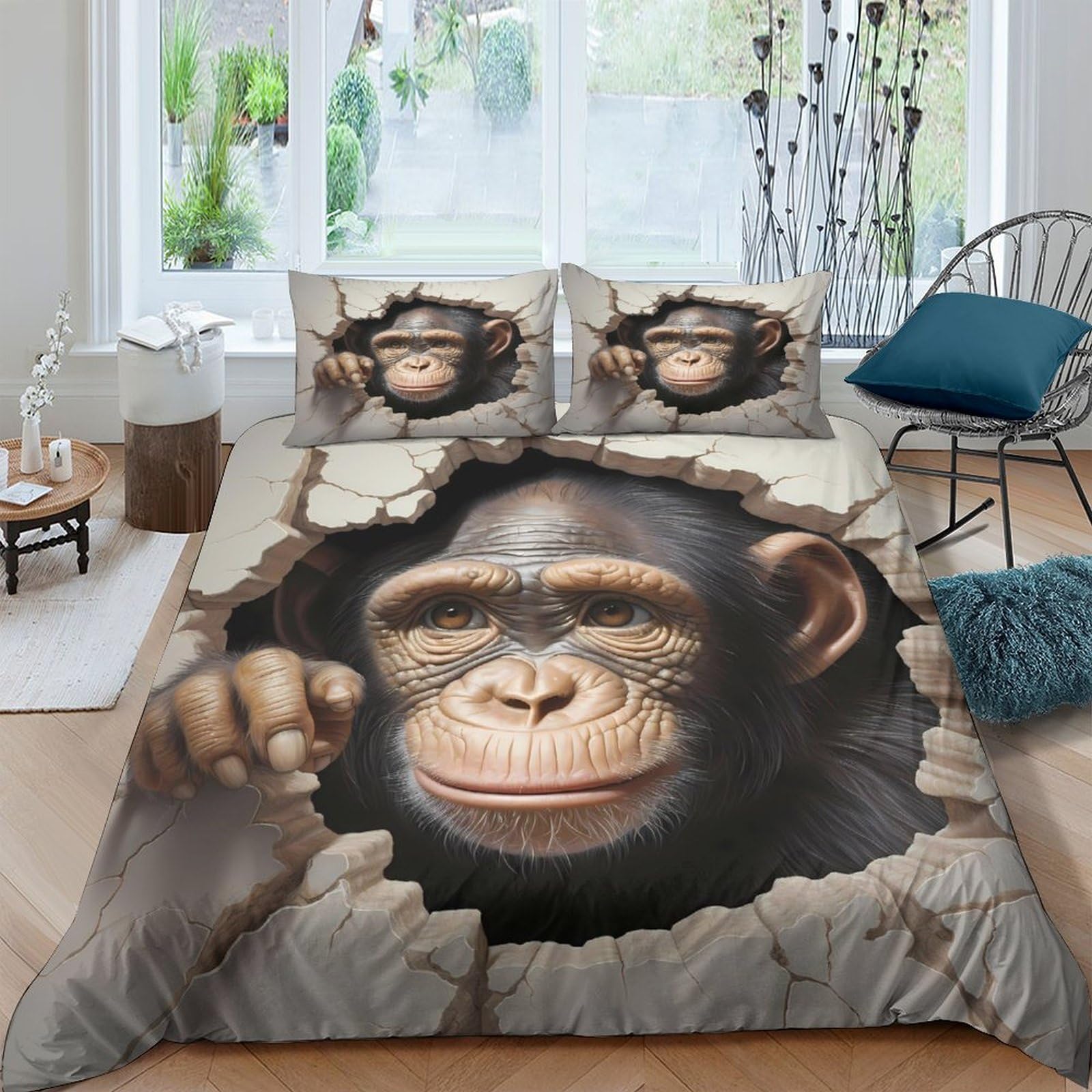 GPLZQXKJNH 3D Printed Monkey Wall Break Duvet Cover Microfiber Breathable Chimpanzee Bedding Set with 2 Pillowcases for Bedroom Decor Single（135x200cm）