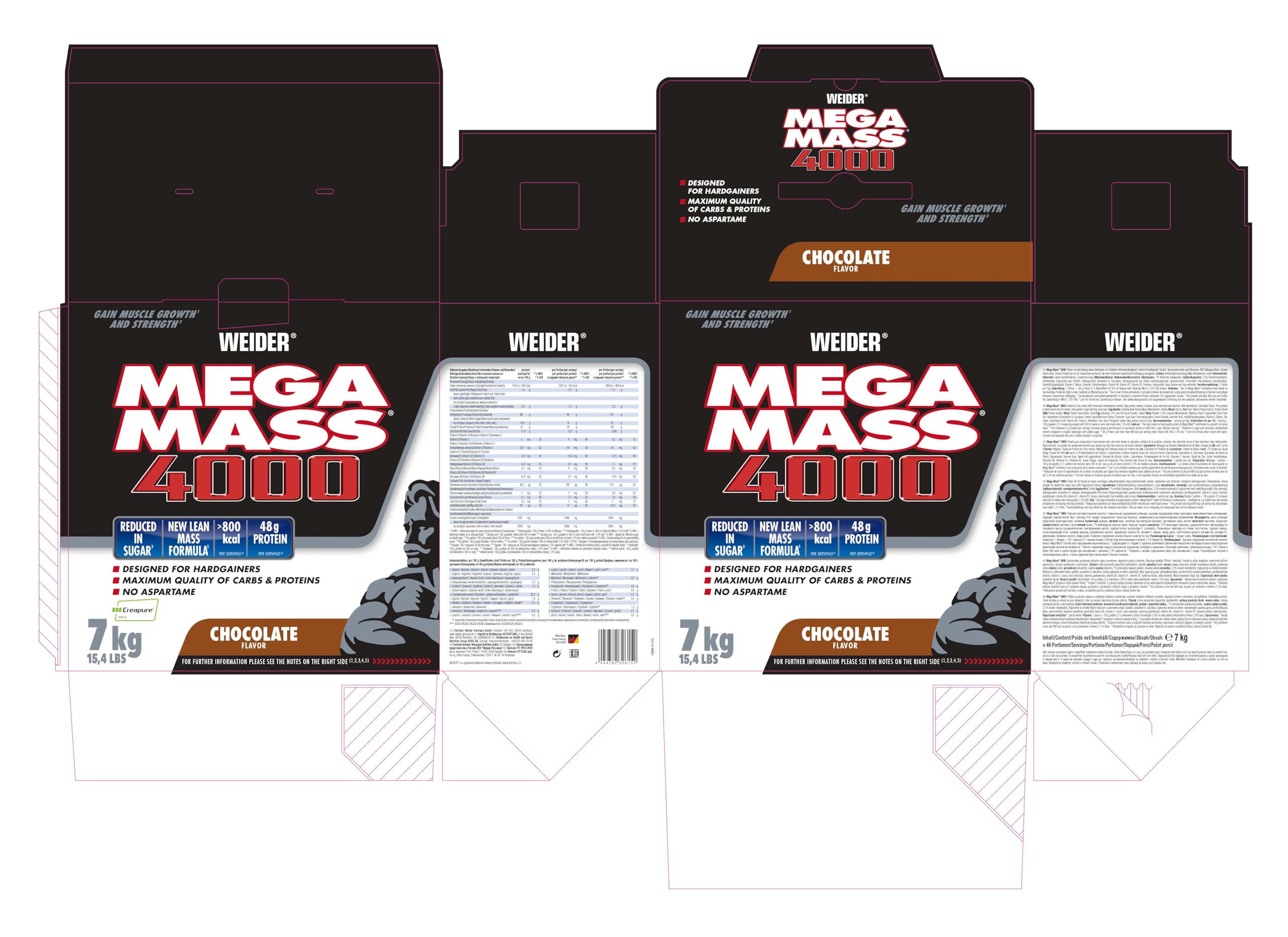 Weider Mega Mass 4000. Legendarny Gainer z Węglowodanami, Białkiem, Monohydratem Kreatyny Creapure, Witaminami i Minerałami. Czekolada - 7 kg