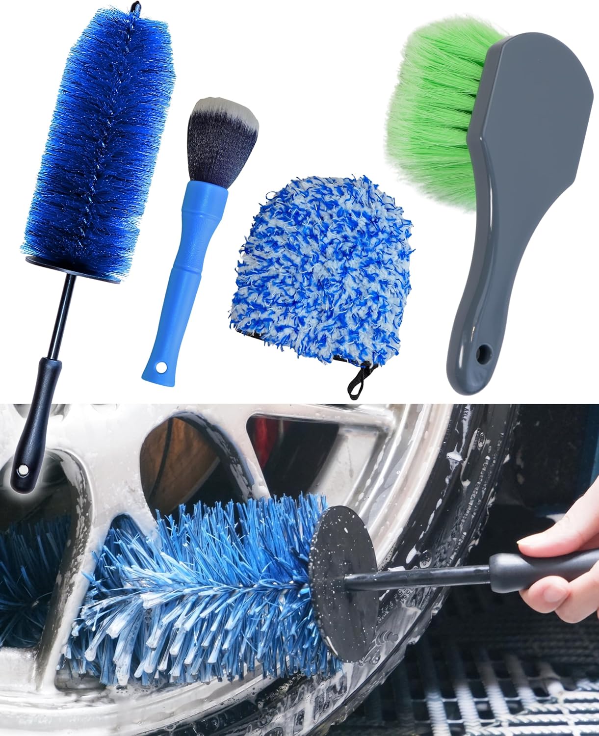 Car Wheel Cleaning Kit: Wheel and Rim Flagged Tip Brush, Bendable Barrel Brush, Wheelie Mitt, Scratch-Free Detail Brush for Rims & Tires - Durable & Multipurpose Clean Wheel Hard to Reach Areas