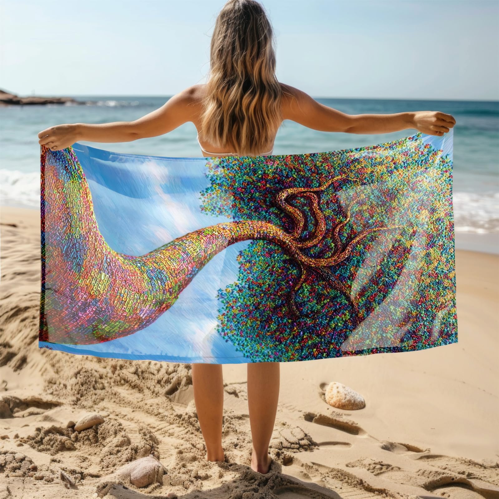 Serviette de Plage 90X180 Arbre Géométrique Bleu-Vert