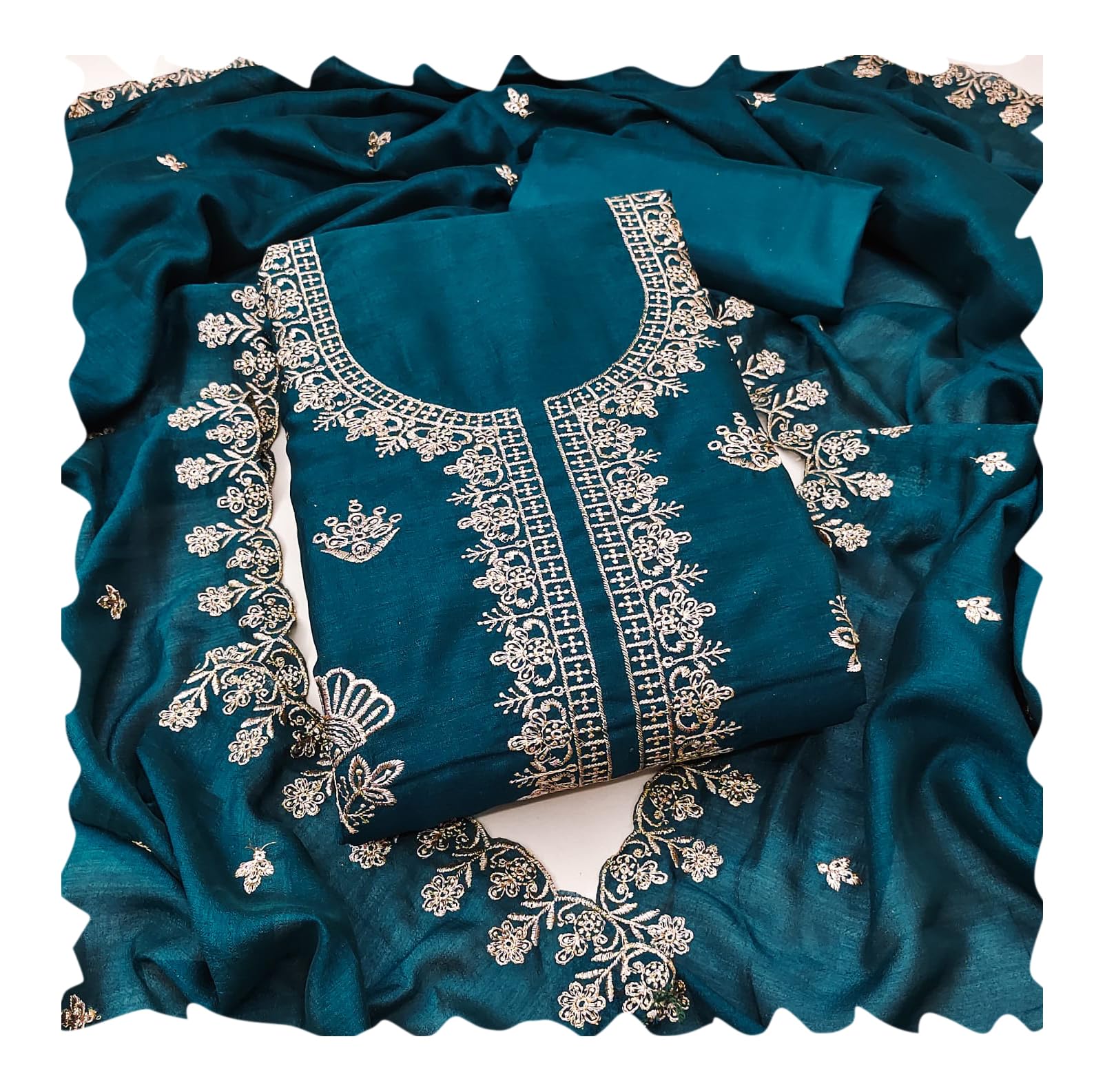 Womens Vichitra Silk Dress Material embroidery Work with Bottom + Inner and Work Dupatta-image-19