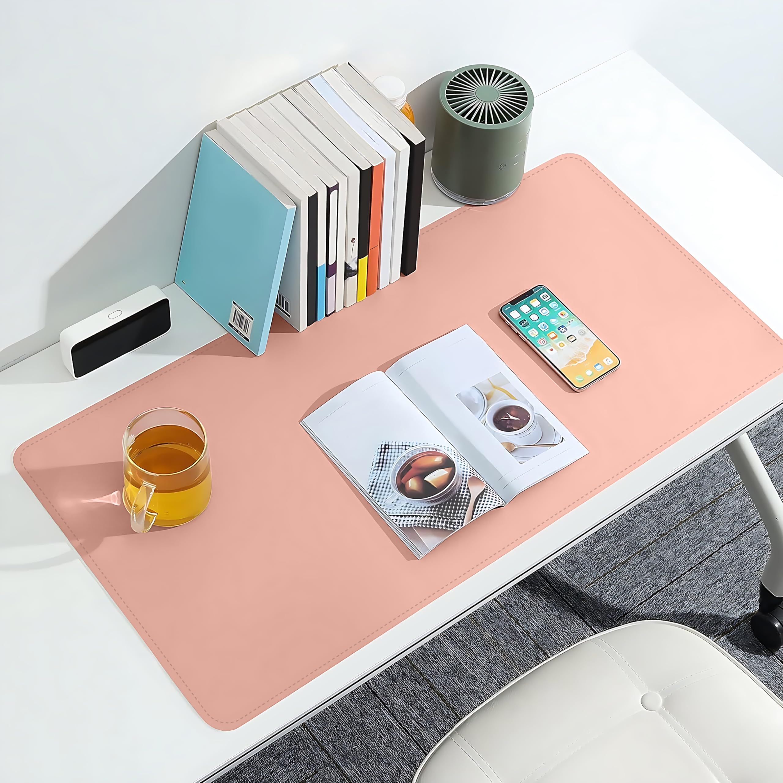 Klasse Çift Renk Dikişli PU Deri Masa Matı 80x40 Cm Mousepad, Su Geçirmez Masa Sümeni, Çift Taraflı Kullanım, Dizüstü Bilgisayar/Ofis/Ev için, Kaymaz Taban (Pembe Ve Gri)