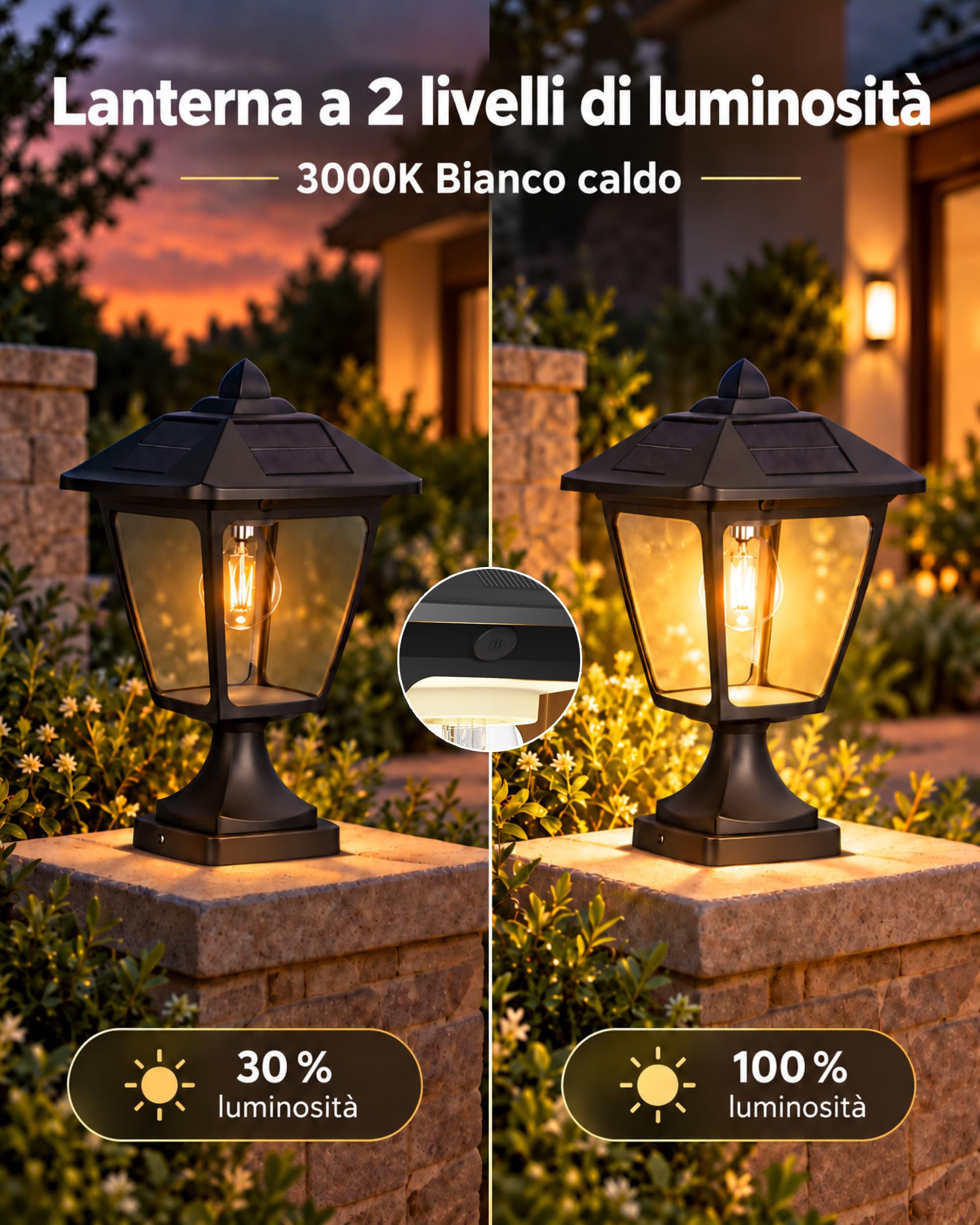 FREEUP Lampione Solare da Esterno, IP44 Lanterna da Giardino, 3000K