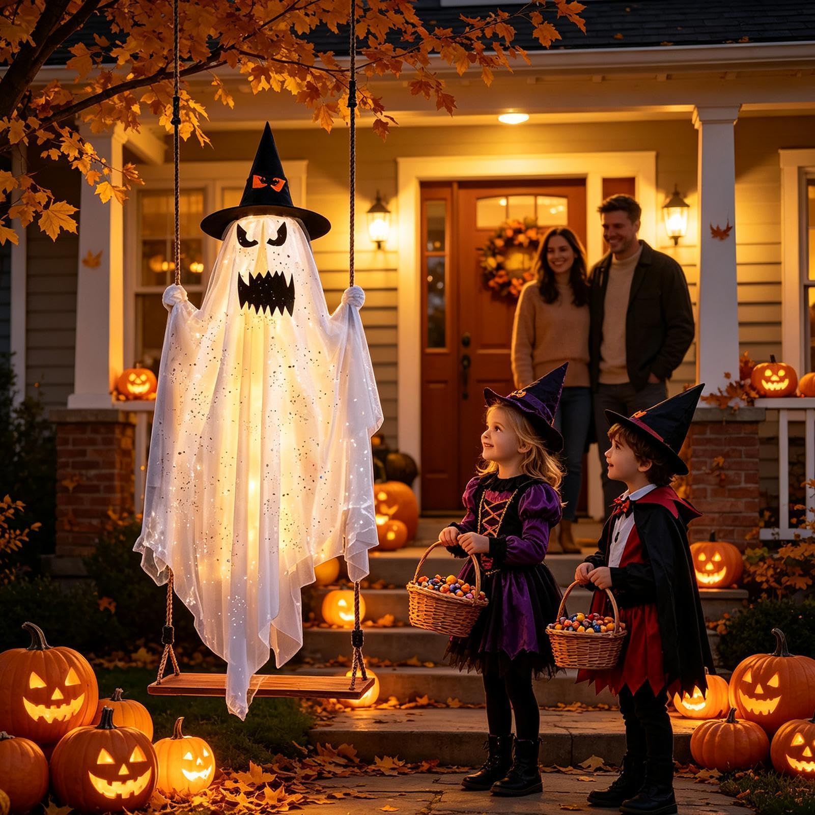 Light Up Swinging Ghost 120cm Halloween Garden Decor With Butterfly Hat