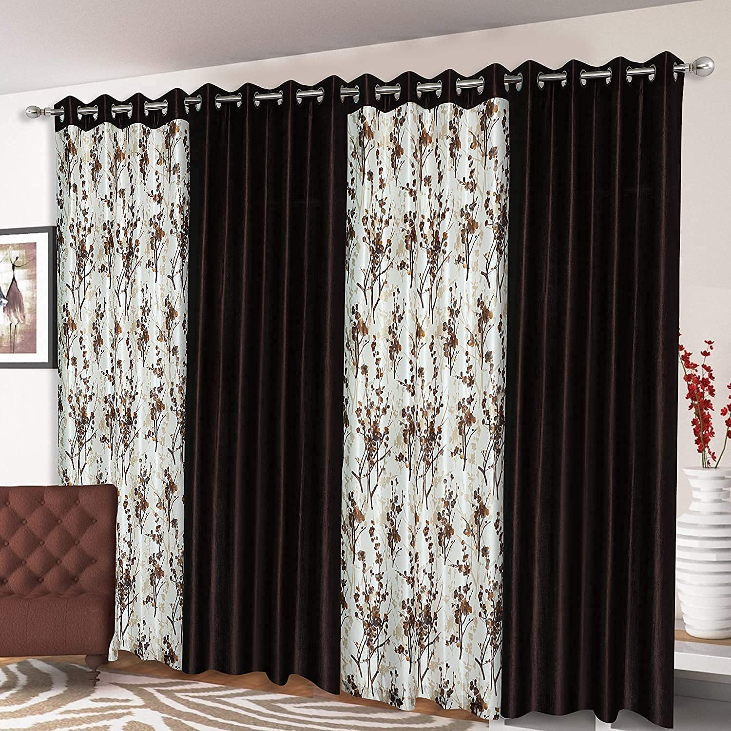 Subharambh creation Home Furnishings 12Ft Curtains for Extra Long Door Set of 4, Leaves & Solid Polyester Printed Curtain Drapes for Living Room (Long Door - 4 x 10 Feet, Coffee Patti)