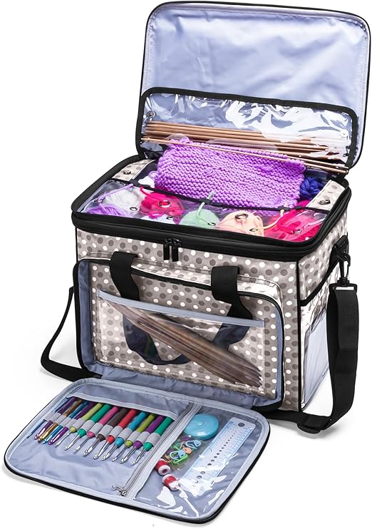 Teamoy Knitting Bag, Yarn Tote Organizer with Cover and Inner Divider (Sewn to Bottom) for Crochet Hooks, Knitting Needles(up To 14”), Project and Supplies, Grey Dots(No Accessories Included)