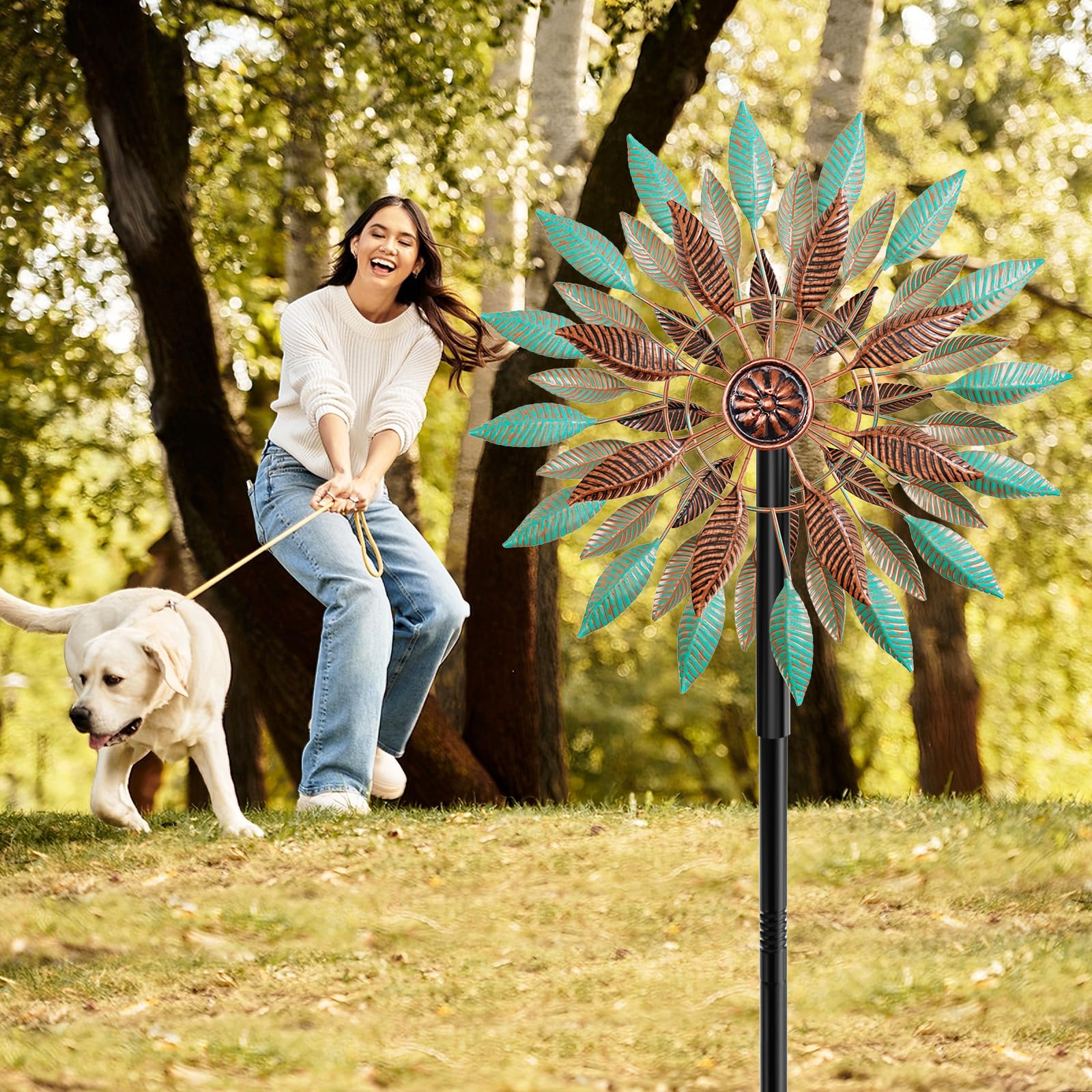 Wind Spinner Sculpture Cinétique Métallique, Déco Jardin Extérieur à Rotation, Hauteur Ajustable avec Socle à 5 Branches, Résistant à la Rouille, Grand Format (Vert + Brun)