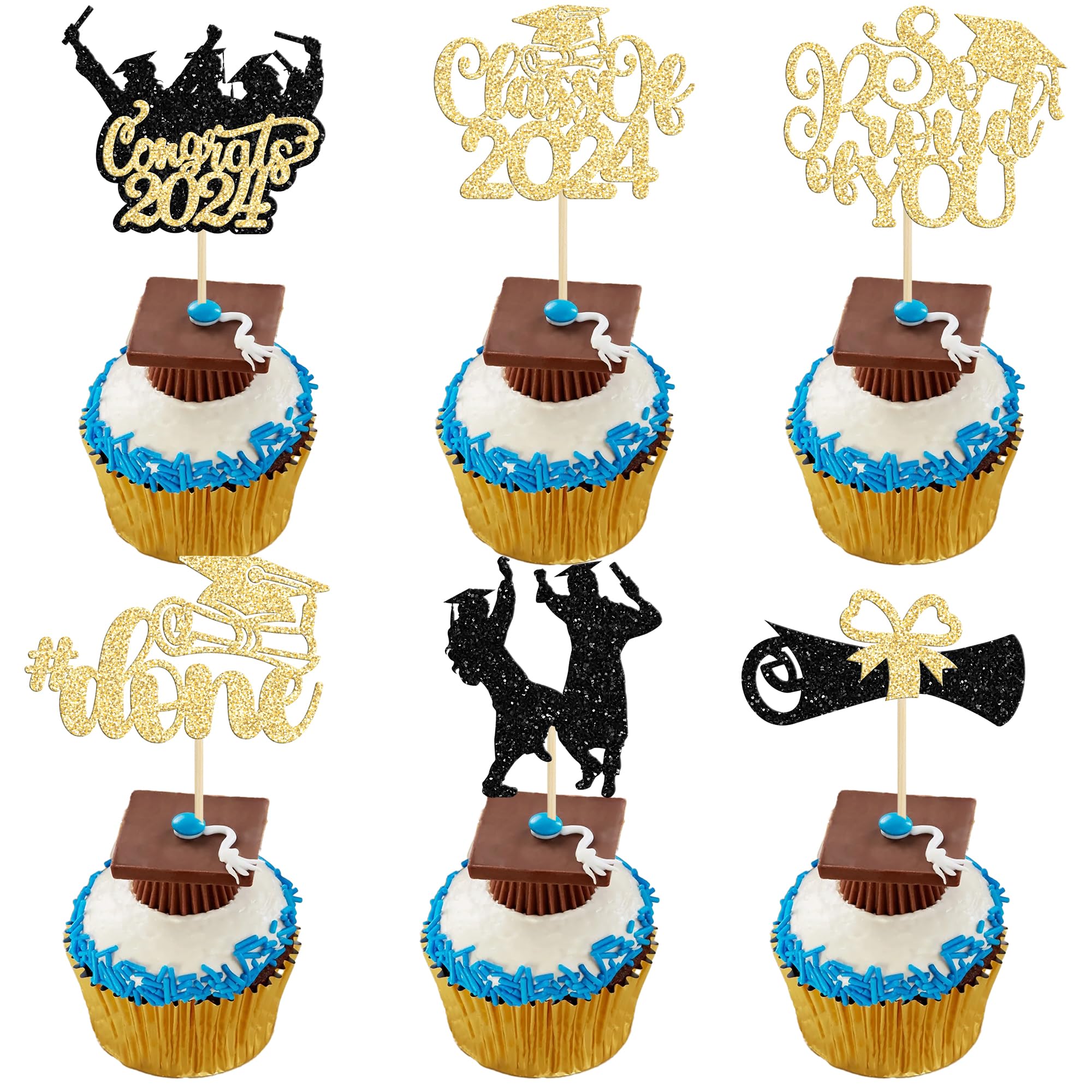 Gyufise 24Pcs 2026 Graduation Theme Cupcake Toppers Glitter Diploma Graduation Cap Cupcake Picks Done Class of 2026 Cake Decorations for 2026 Graduation Theme Party Supplies Gold