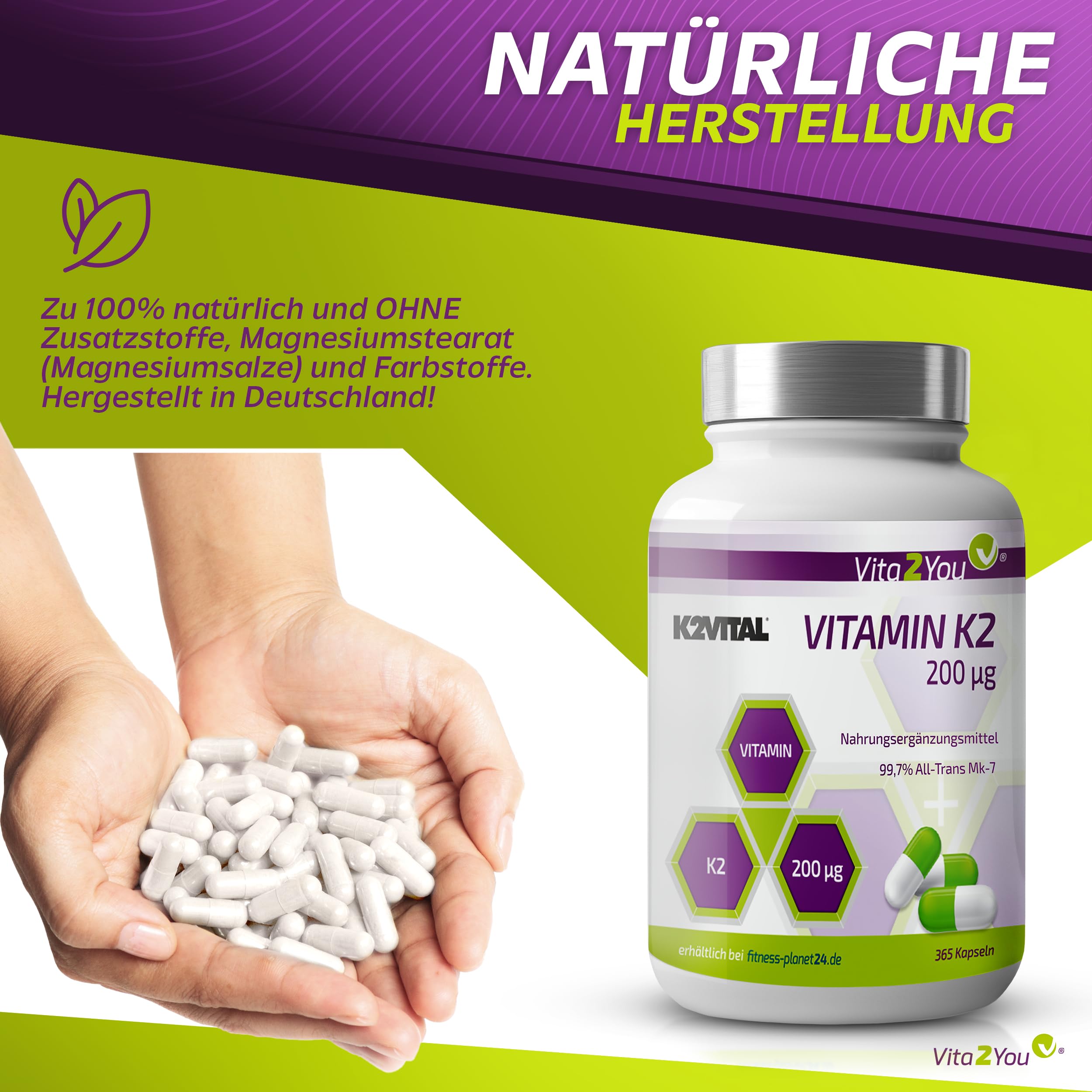 Vita2You Vitamin K2-200µg - 365 Kapseln - Original K2VITAL® - > 99,7% All-Trans - Jahrespackung - Natürliches Menaquinon MK-7 - Premium Qualität - Made in Germany