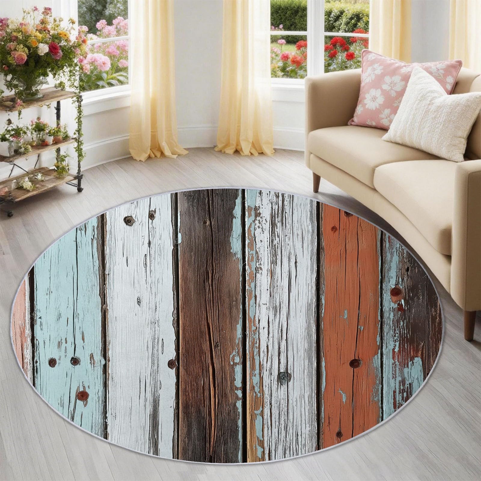 Tappeto rotondo per soggiorno, 120 cm, rustico, in legno, lavabile, morbido, antiscivolo, minimalista, shabby chic, per camera da letto, sala da pranzo, asilo, casa, ufficio, multicolore
