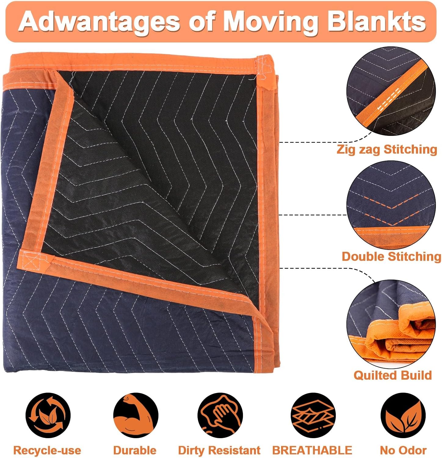 2 Moving Blankets 72x80in with 1 Elastic Rubber Band (196in Extendable to 400in) – Durable Quilted Moving Blanket-Heavy Duty Shipping Blankets (Total Weight 8.8 lbs,Black/Blue) - Image 3
