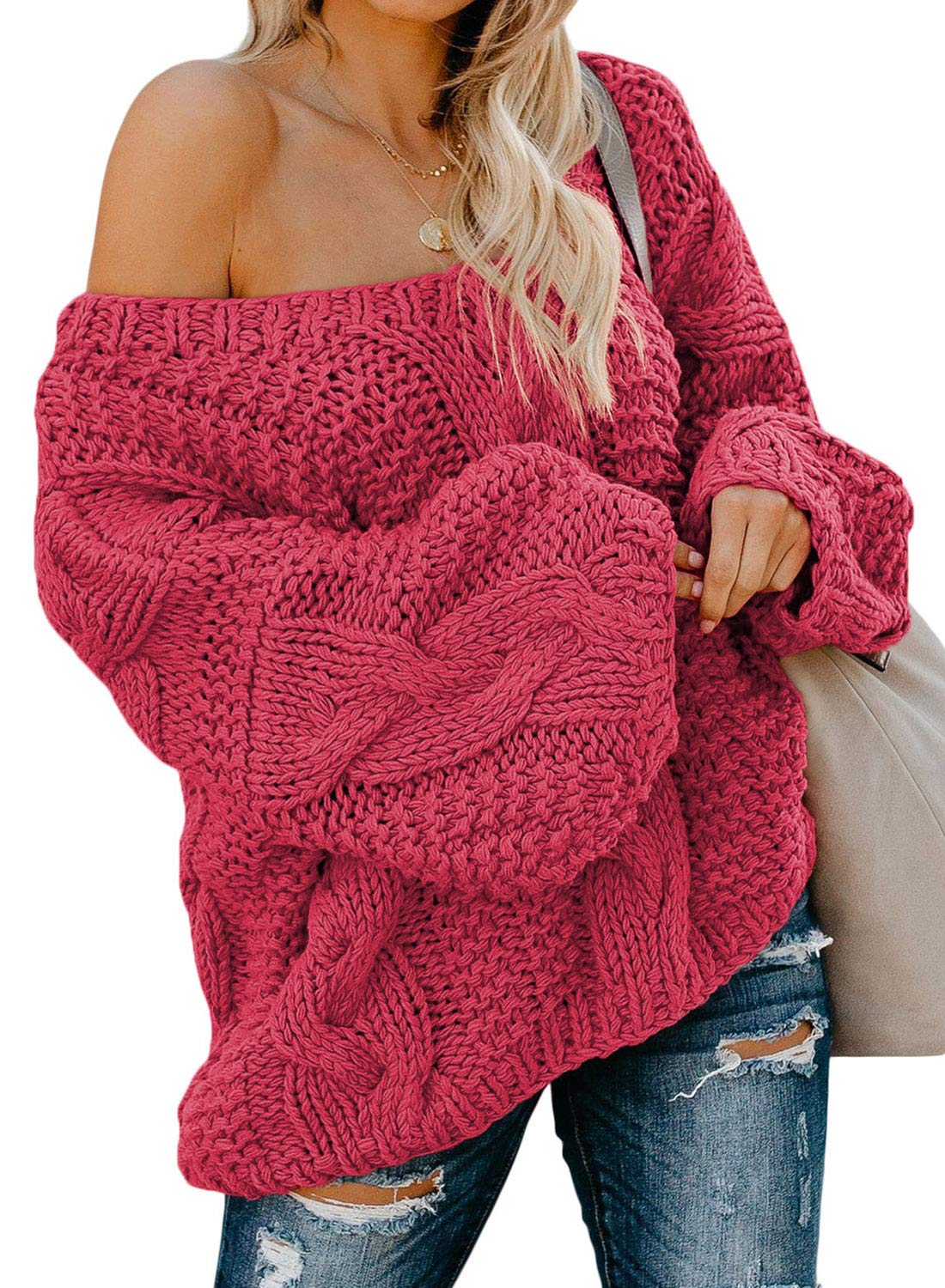 Women's Off Shoulder Long Sleeve V-Neck Ribbed Cable Pullover Sweaters Loose Fitting Jumper Tops