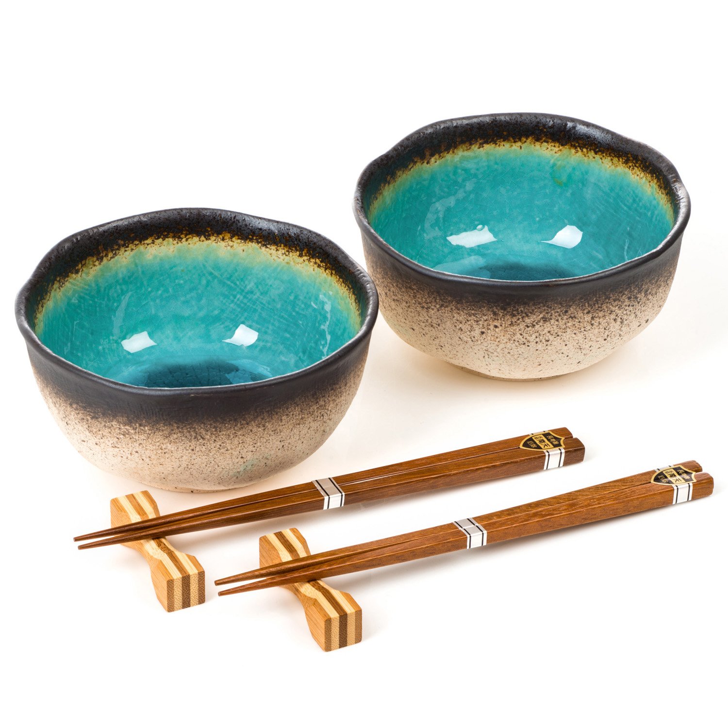Blau Crackleglaze Japanische Keramik-Schalen Mit Stäbchen-Set Für Nudeln, Suppe & Sushi - Türkis Glasur