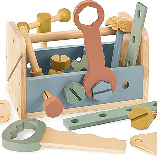 Stylish Wooden Tool Set for Toddlers - Durable Montessori Tool Box Kit with Hammer for Boys & Girls 2-5 Years - Fun Christmas Toy Gift for Kids with 30+ Safe Tools for Creative Play