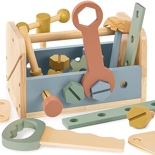 Stylish Wooden Tool Set for Toddlers - Durable Montessori Tool Box Kit with Hammer for Boys & Girls 2-5 Years - Fun Christmas Toy Gift for Kids with 30+ Safe Tools for Creative Play