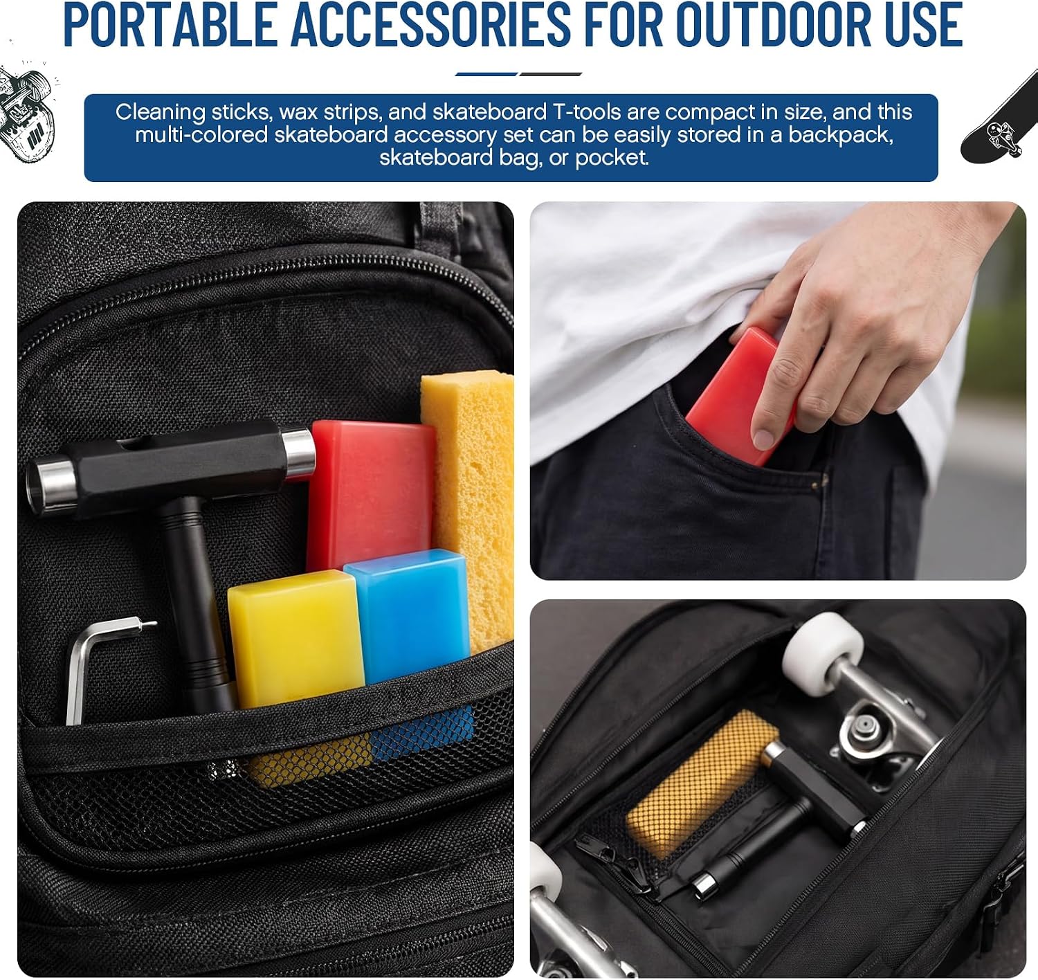 Threlaco 7 Pcs Portable Skateboard Tool Kit with 4 Scented Wax Blocks | Portable Skateboard Kit Includes 4 Scented Wax Blocks, T Tool and Grip Cleaner for Repairs, Maintenance and Smooth Riding