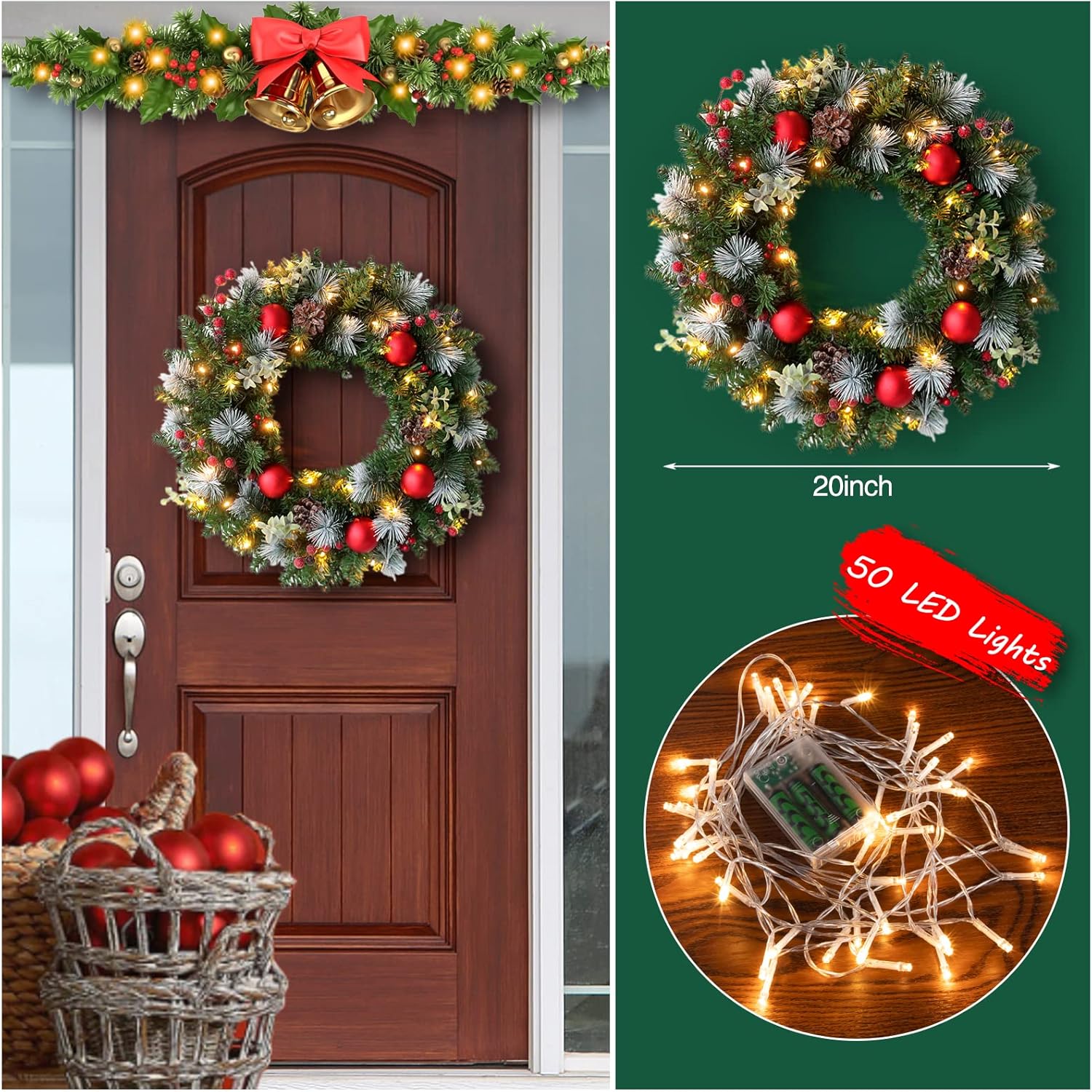 Pre-Lit 20" Green and Red Artificial Christmas Wreath with Pine Cones and Berries