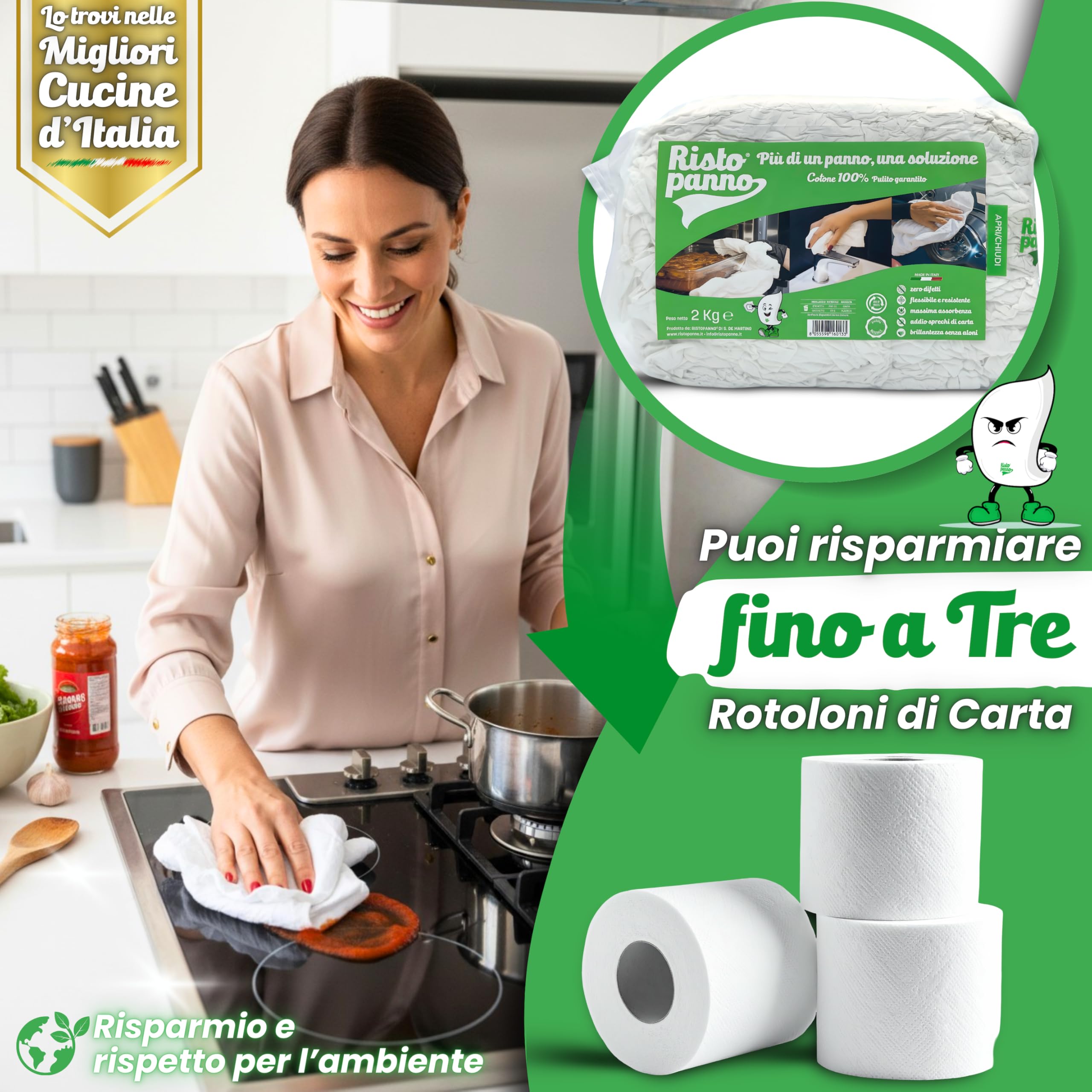 Ristopanno Home – Panni Multiuso - Stracci Bianchi Cotone 2 KG - Non Lascia Aloni - Uso Quotidiano per Casa, Auto, Moto e Garage - Lavabili Flessibili e Resistenti – Massima Assorbenza