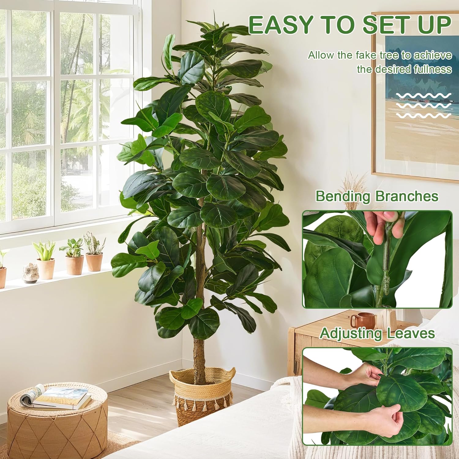 VECELO Artificial Fiddle Leaf Fig Tree 6FT(71in), Tall Fake Floor Plants with 150 Large Realistic Leaves in Plastic Pot for Indoor Outdoor Living Room Home Decor - Image 3
