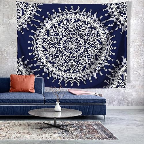 Miniatura 5 de Jewelry-Box Bohemian Psychedelic Colorful Mandala Tapestry Wall Decoration for Room (Dark Blue&White)(59.1 * 78.7 inches, 150 * 200 cm)