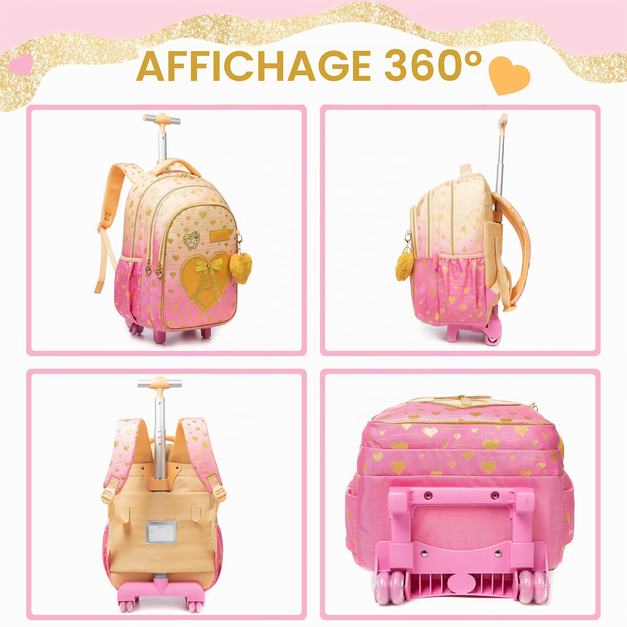 HTgroce Cartable à Roulette Sirène, Set 3 Pièces Sac à Roulette Fille Primaire Scolaire CE2