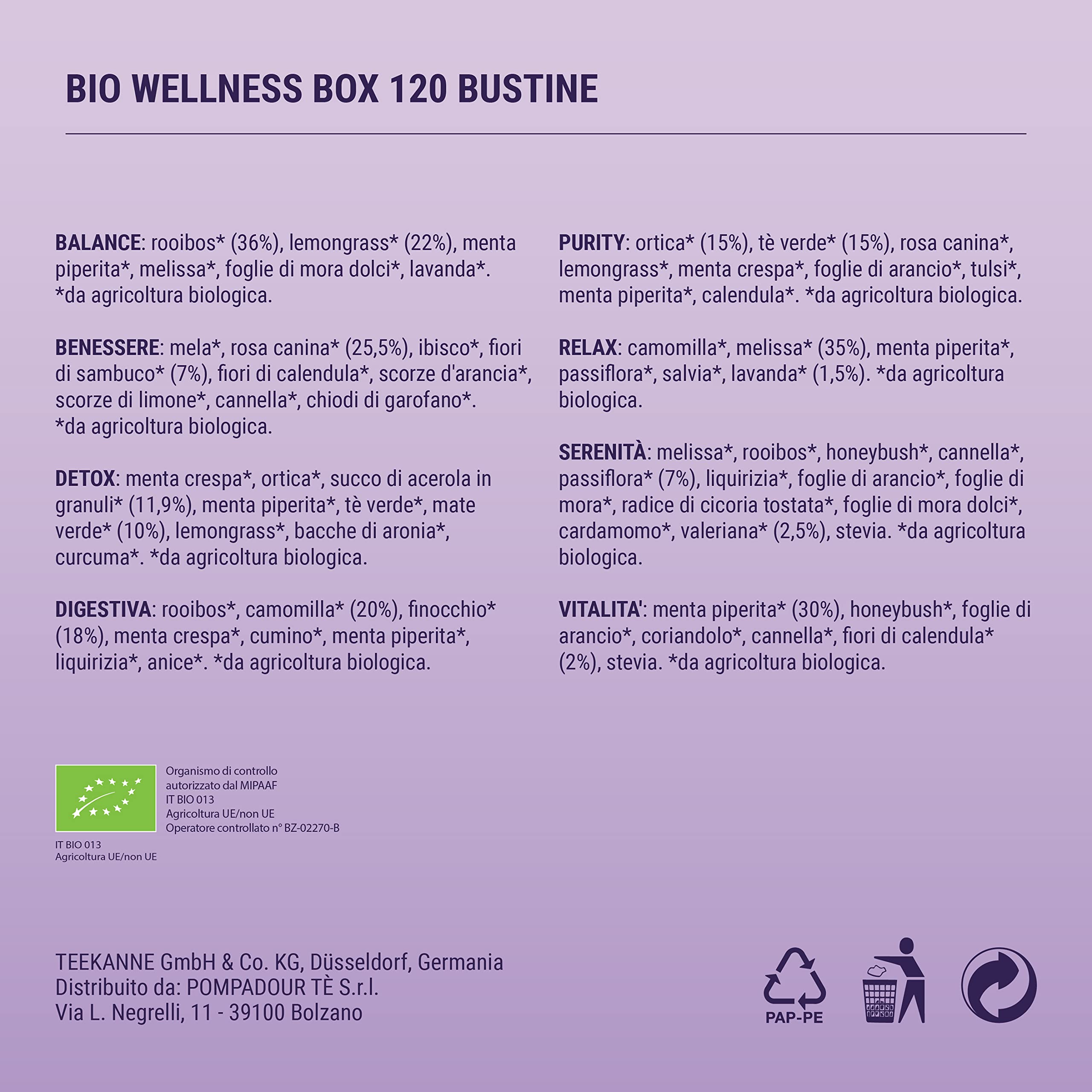 Pompadour, Bio Wellness Collection Box, Cofanetto di Tisane Biologiche, 120 Filtri (8 Miscele Assortite da 15 Filtri), Senza Lattosio, Glutine e Allergeni