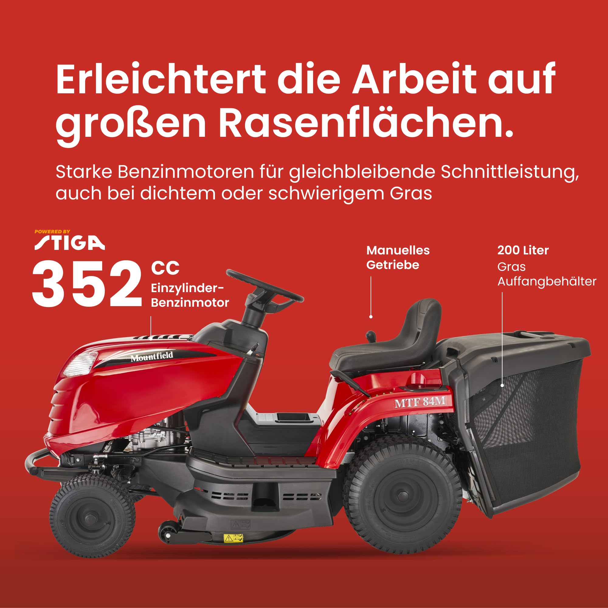 STIGA MTF 84M Aufsitzmäher, 352 cm³, 84 cm, 200 l – Schaltgetriebe, 7 Schnitthöhen (25–80 mm) – Rasenflächen bis 3.000 m²