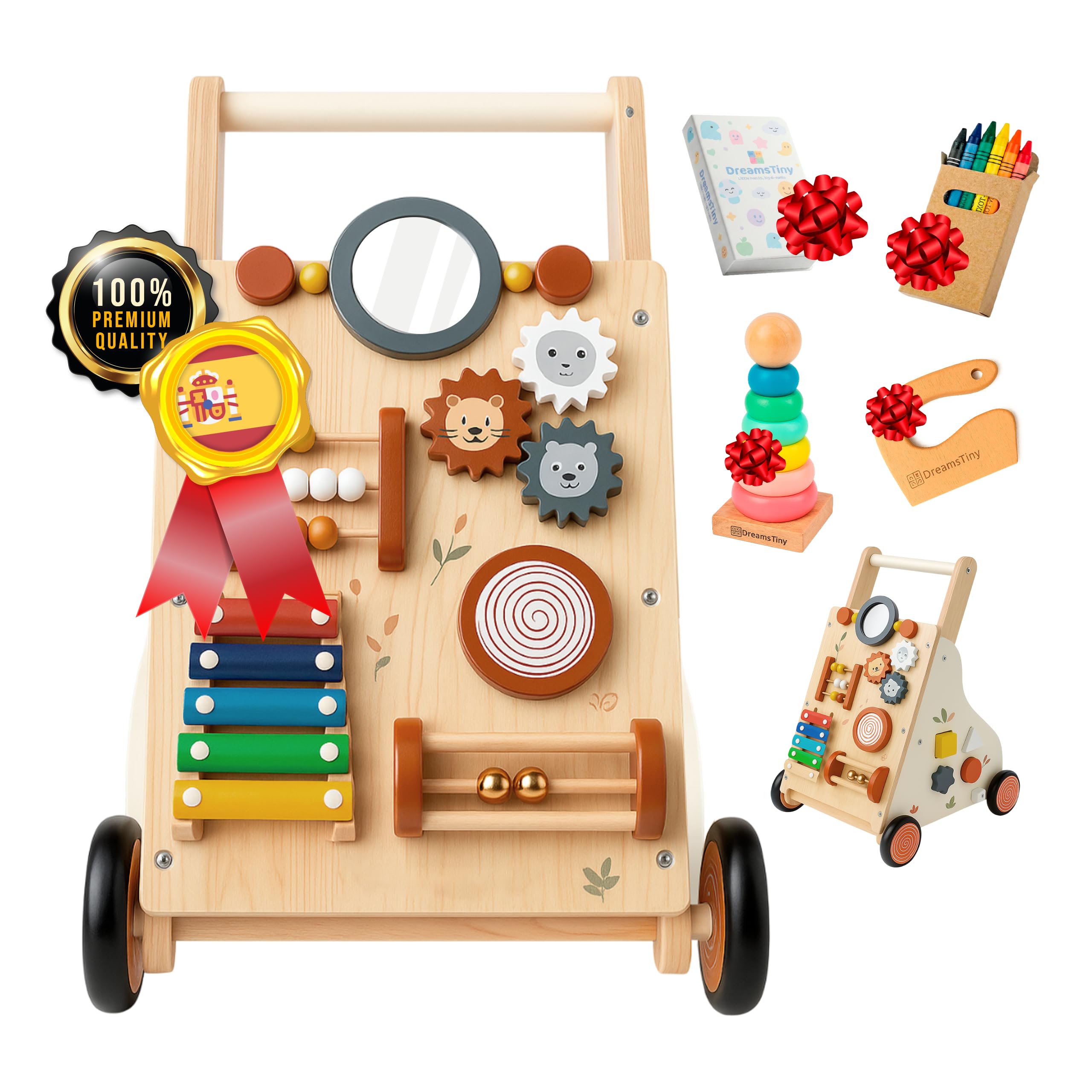 Andador Madera Bebé Montessori 6 en 1, +1 Año | Incluye Torre Apilable, Libro para Colorear, Cortador y Kit de Montaje, Andador Bebés 1 Año, Correpasillos Bebé 1 Año