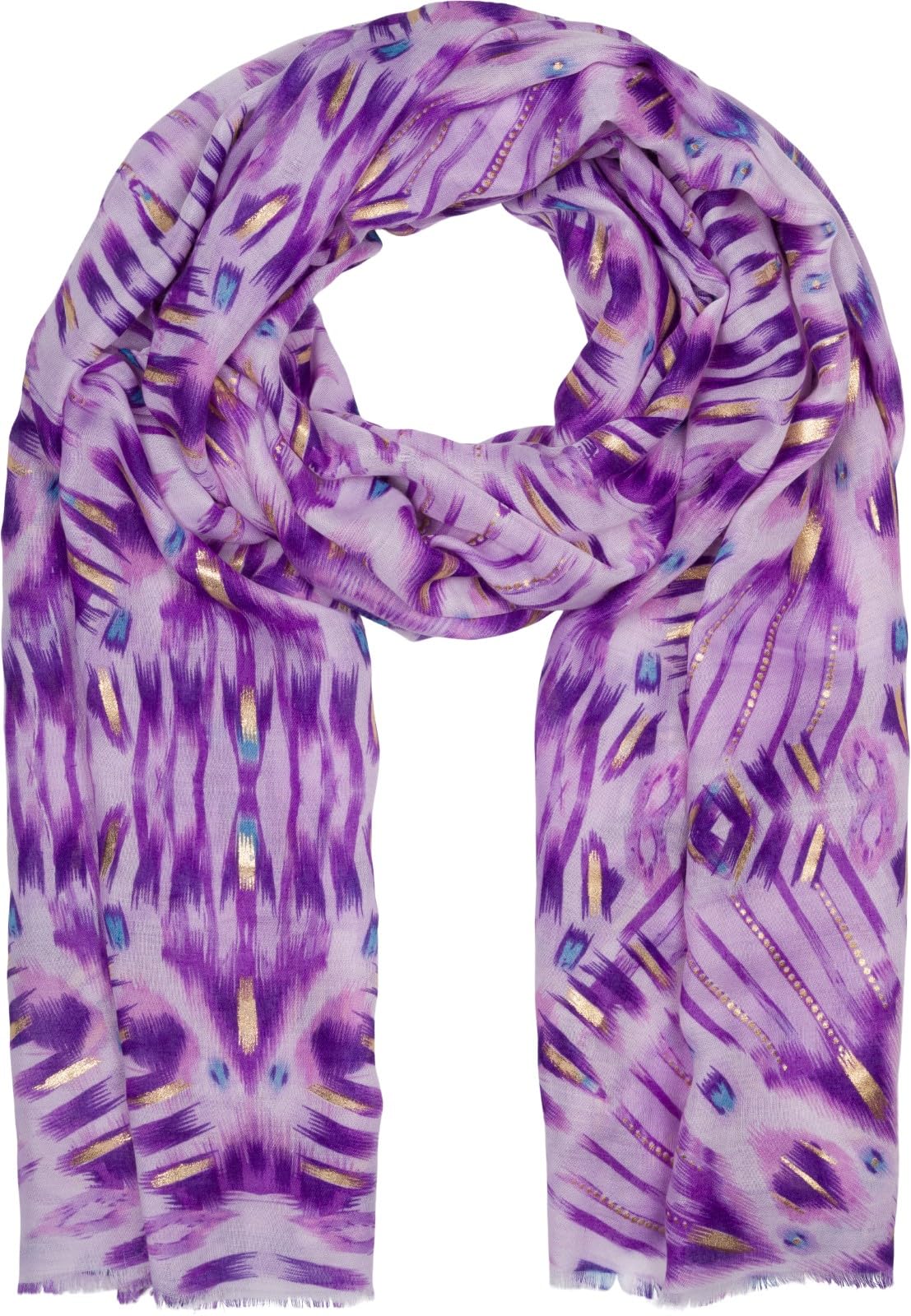 Stylebreaker Women's Lilac-Purple Scarf Batik Shibori Pattern With Metallic Stripes, Lightweight Ethnic Cloth With Short Fringes 01016228, Colour: