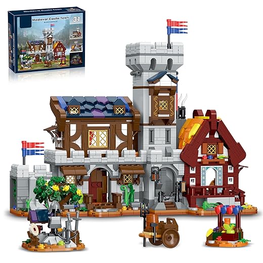 Medieval Castle Town Square Building Set 3 in 1 with Light & Garrison Tower House Compatibled with Lego Model Collection for Adults -1760PCS