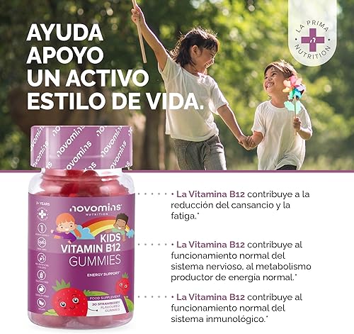 Miniatura 4 de Novomins Gomitas de vitamina B12 para niños, suplemento de apoyo a la energía y el metabolismo, 30 suplementos masticables para niños del complejo