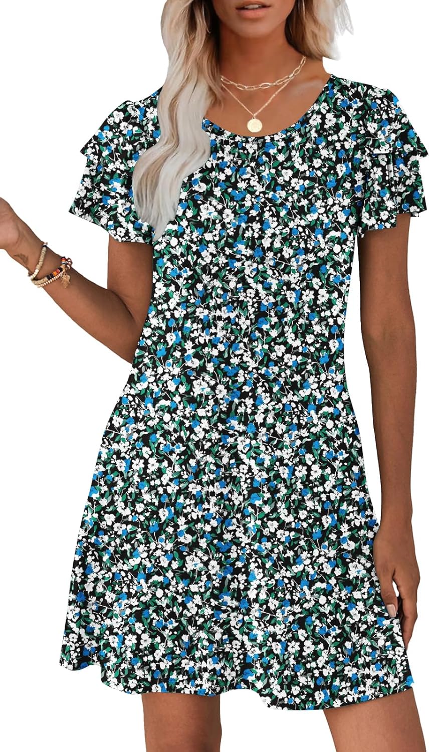 Hount Women's Summer Dresses 2026 Ruffle Sleeve Sundresses Casual Beach Mini Dresses with Pockets