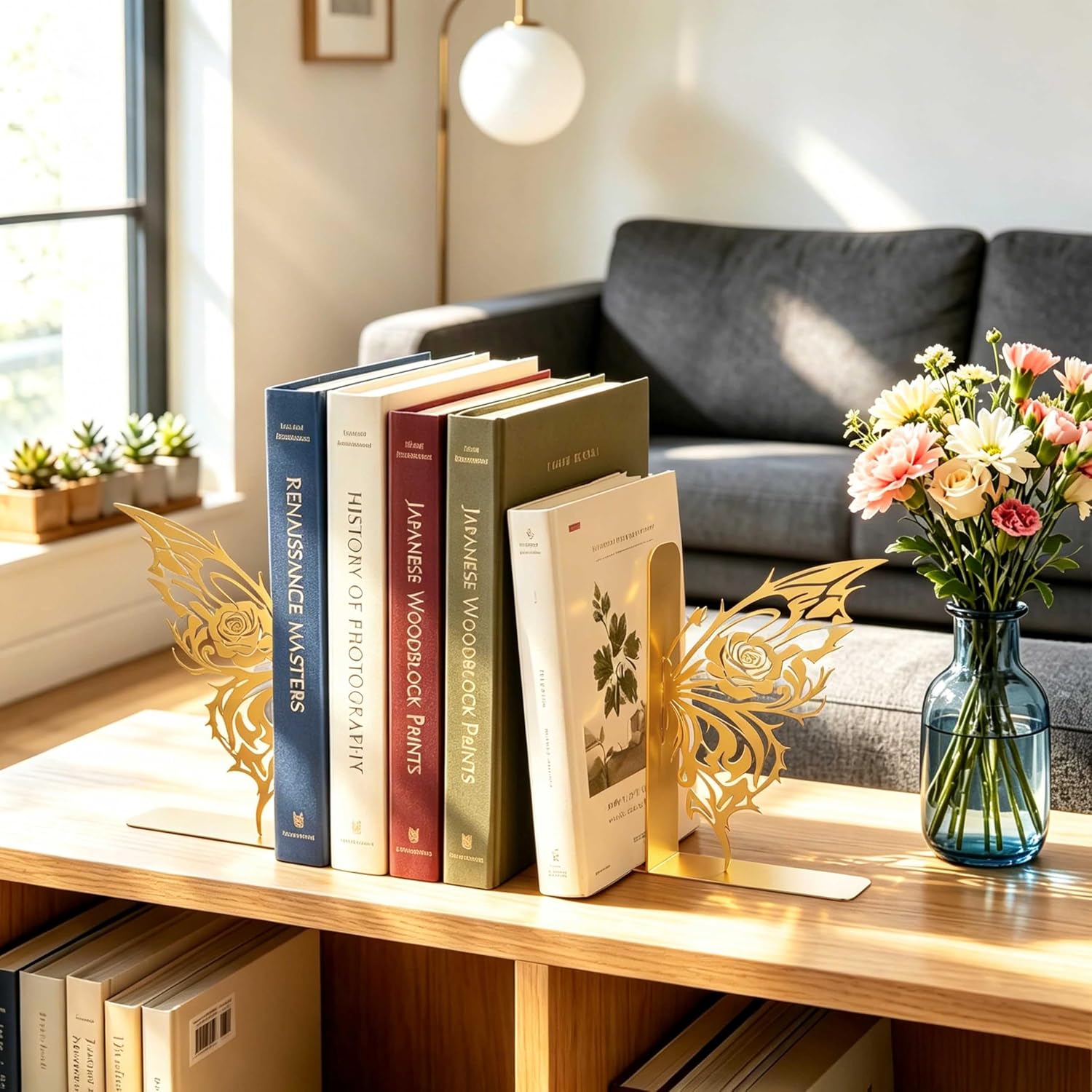 Gold Metal Butterfly Bookends Decorative Book Ends for Shelves with Unique Gothic Design, Book Holders for Home Office Desk, Library Study Room Butterfly Table Decor, Gift for Woman Readers