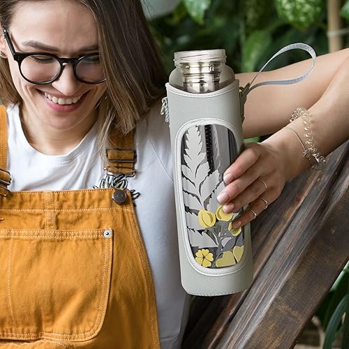 Miniatura 7 de Botella de agua de vidrio de borosilicato de 32 onzas con infusor de té, vaso de té con colador, taza de viaje reutilizable con funda y 2 tapas,