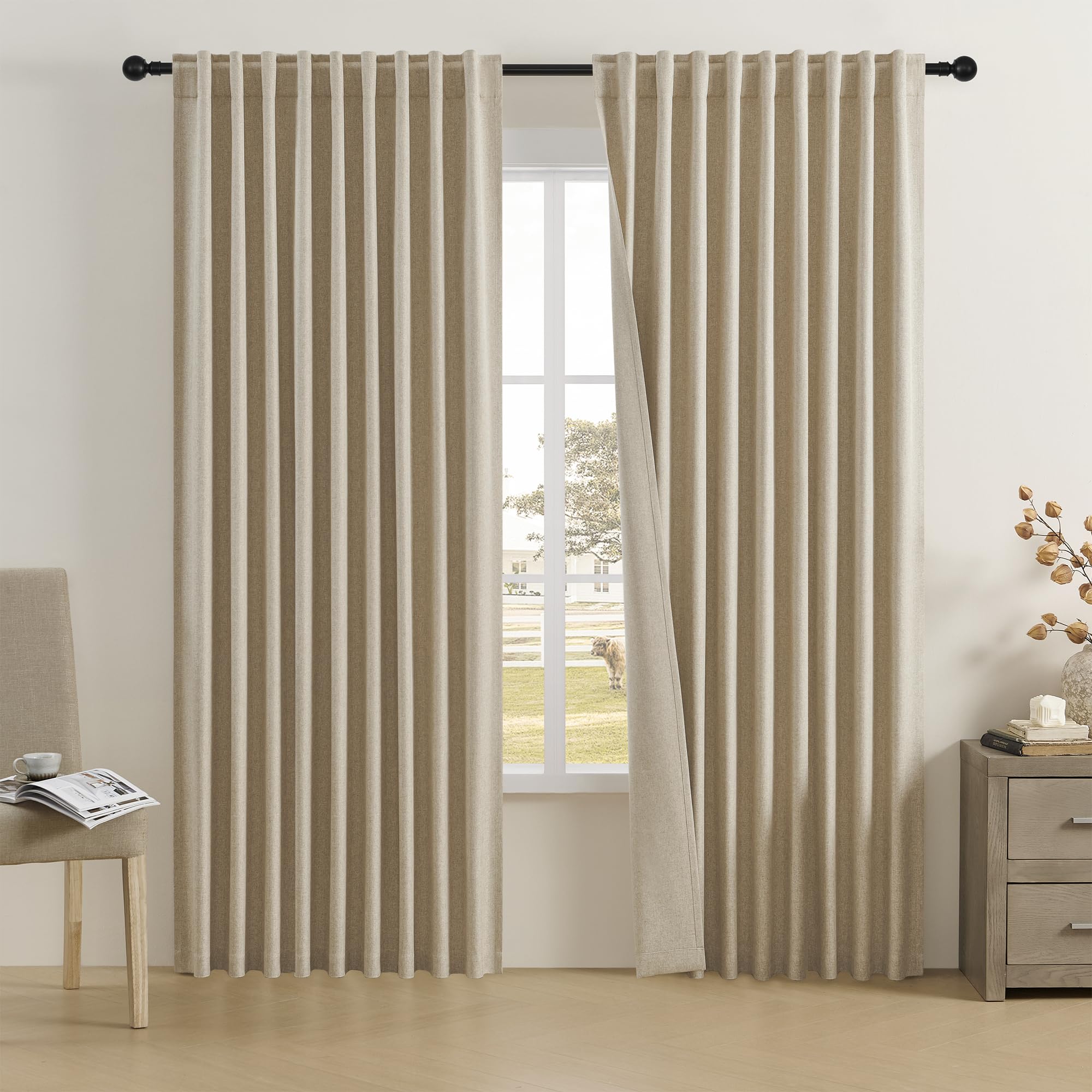 DUALIFE 2 Pcs Linen Blackout Curtains-Back Tab Rod Pocket Curtains 72 Inch Wide Pinch Pleated Drapes for Patio Sliding Glass Door,Farmhouse Curtains