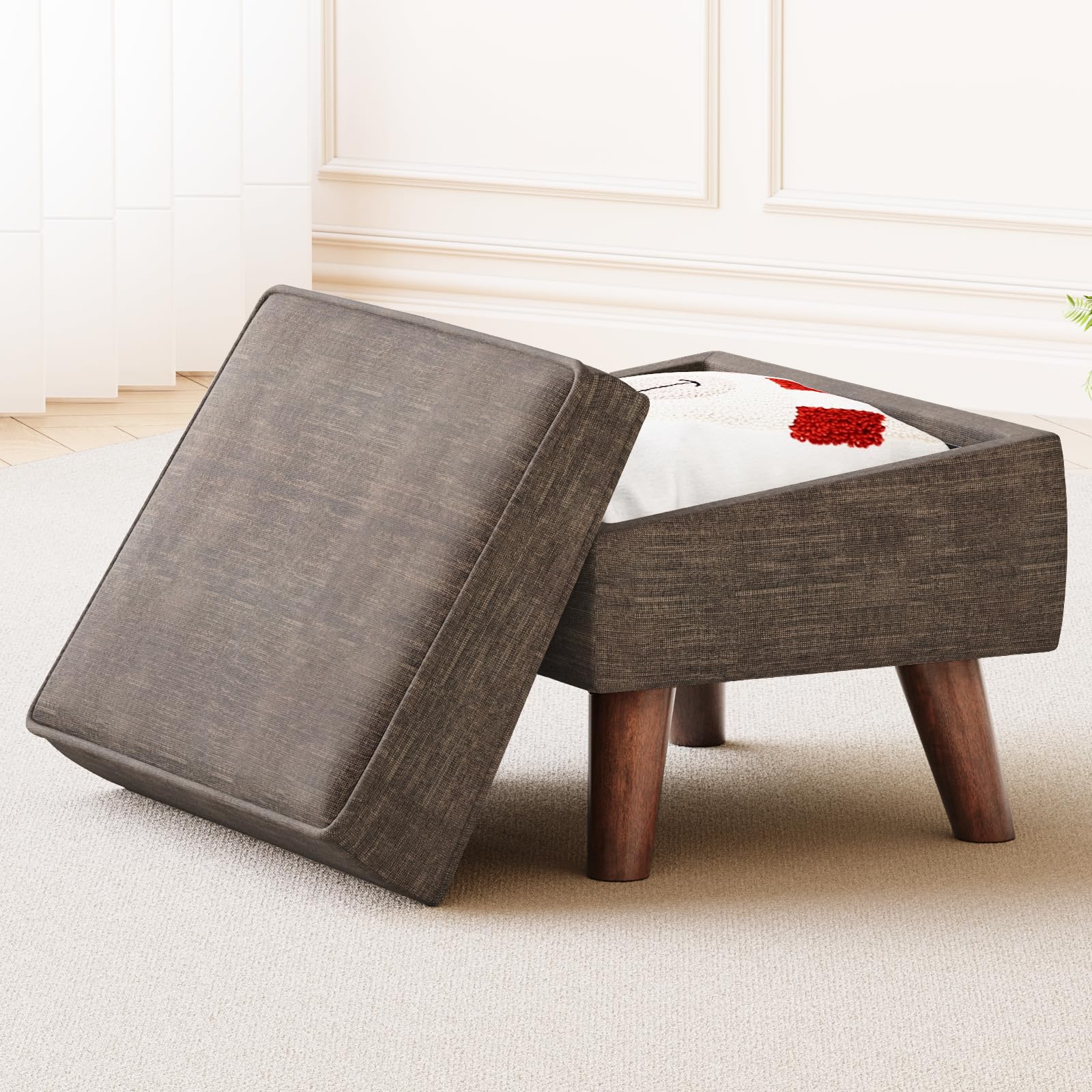 Small Footstool Ottoman with Adjustable Lid, Modern Storage Ottoman, Foot Rest for Couch, Foot Stool with Sturdy Wood Legs for Living Room, Bedroom, Enterway, Brown