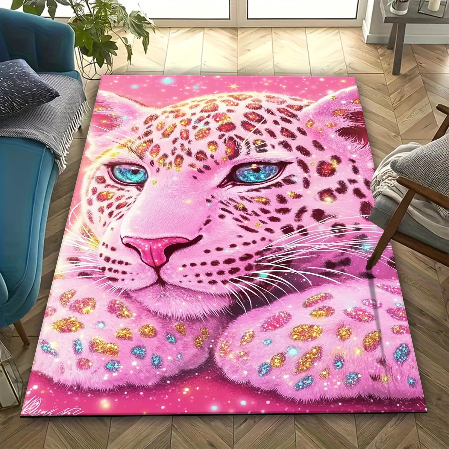 Tapis de salon 3D animal léopard antidérapant et tapis d'intérieur facile à nettoyer