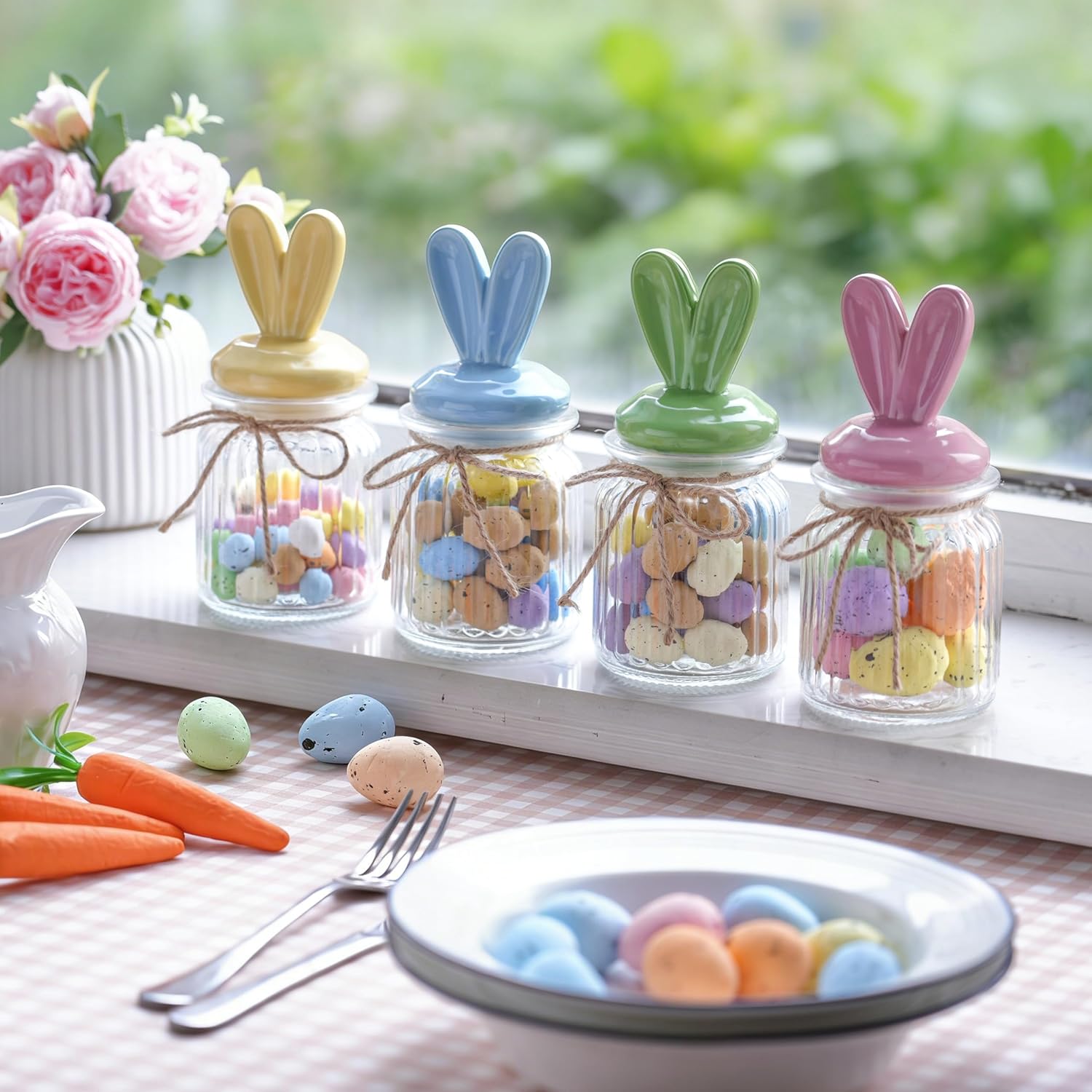 Easter Bunny Candy Jar Decorations - 4 PCS Glass Candy Jars with Bunny-Shaped Ceramic Lids - Airtight Glass Containers for Chocolate, Mini Eggs, Easter Table Centerpiece Decorations(6.7 * 3.1in) - Image 3